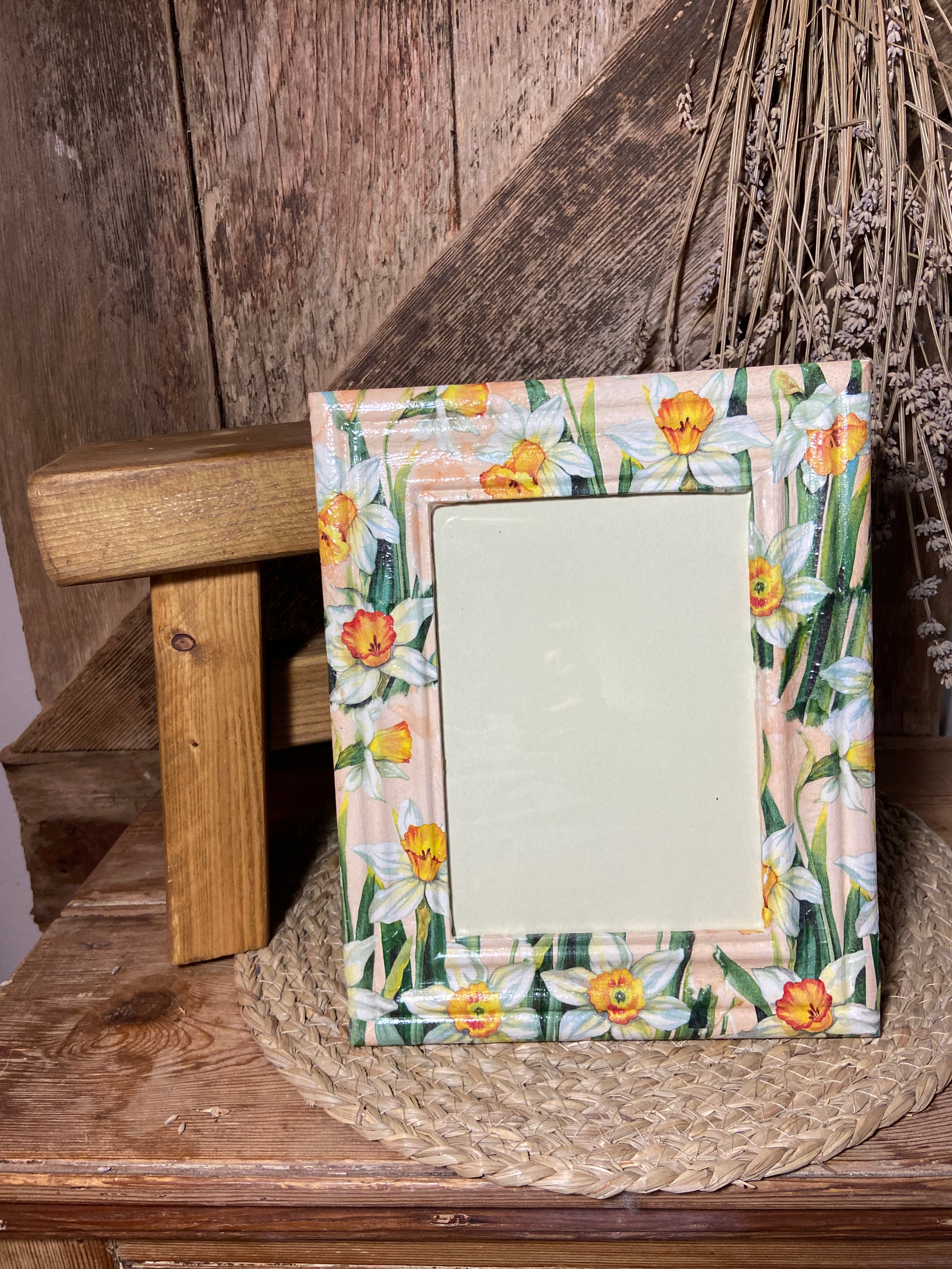 front shot daffodil yellow orange white photo frame cottage core home decor vintage floral mothers day birthday
