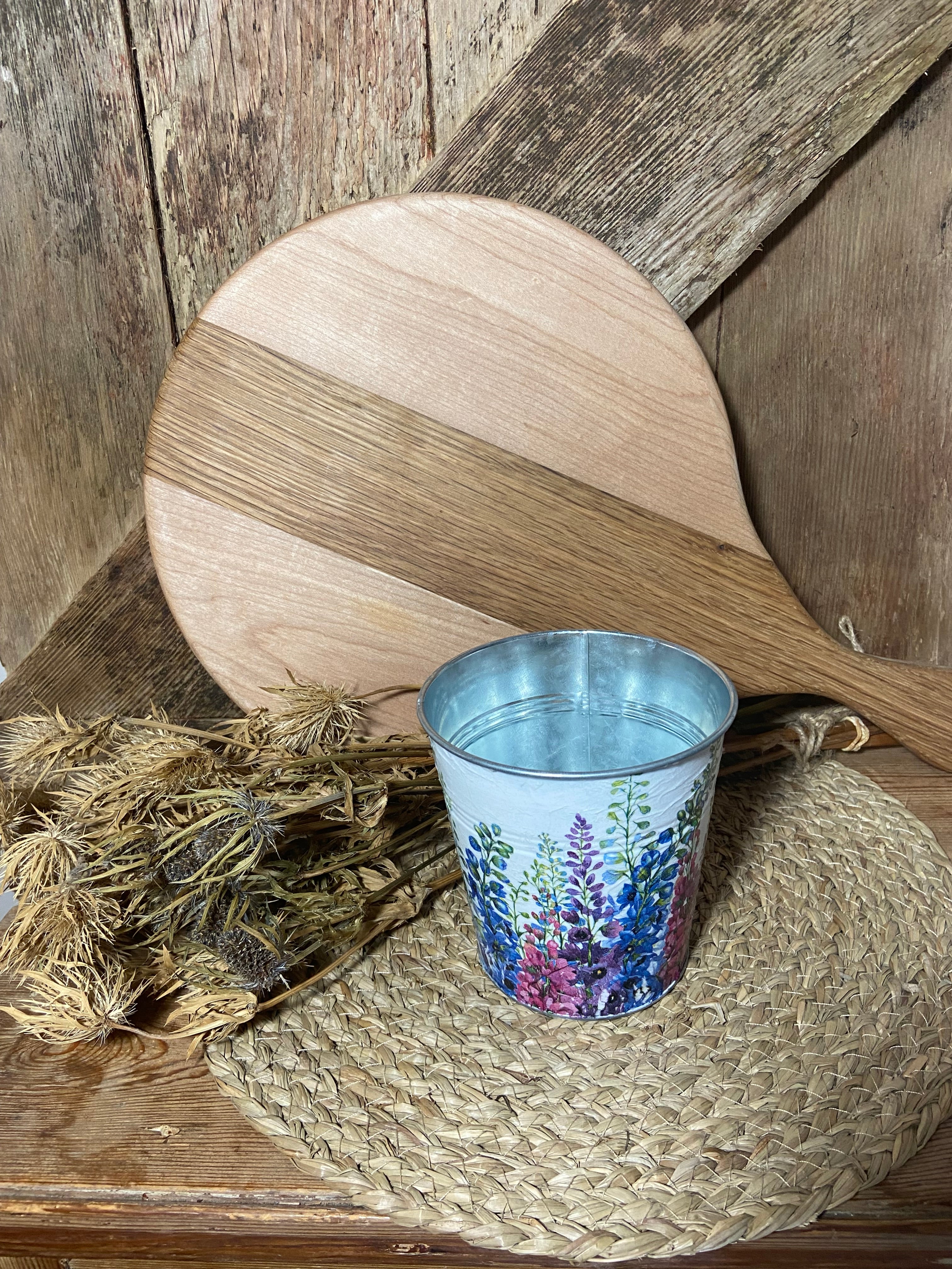 front shot delphinium metal planter white pink blue purple cottage core home decor vintage floral birthday
