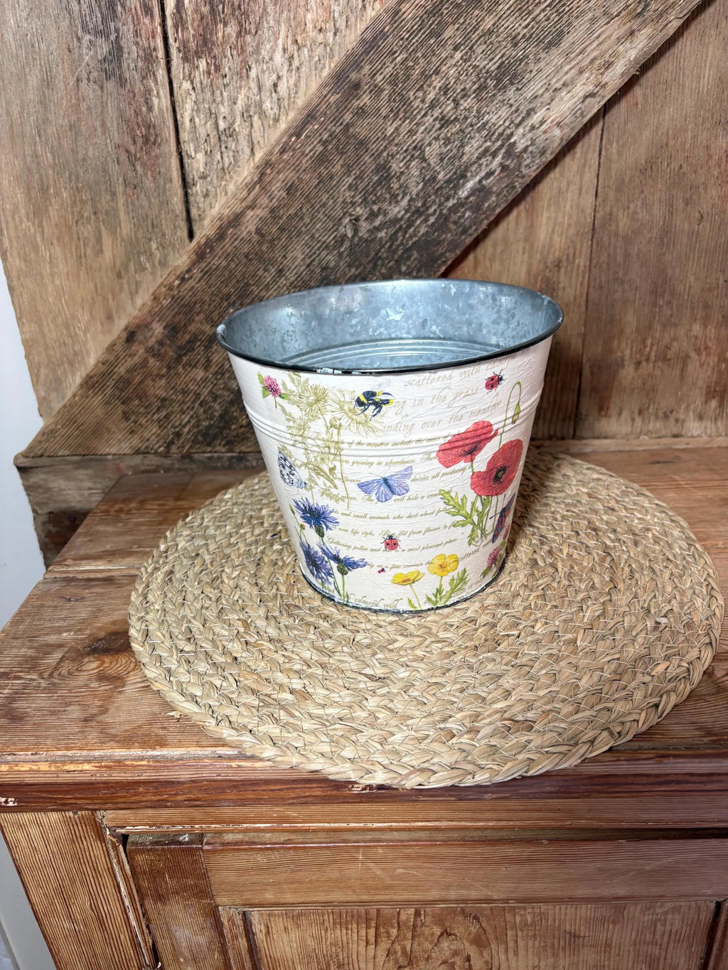 front shot poppy planter red blue yellow cream metal planter cottage core home decor vintage floral birthday wedding