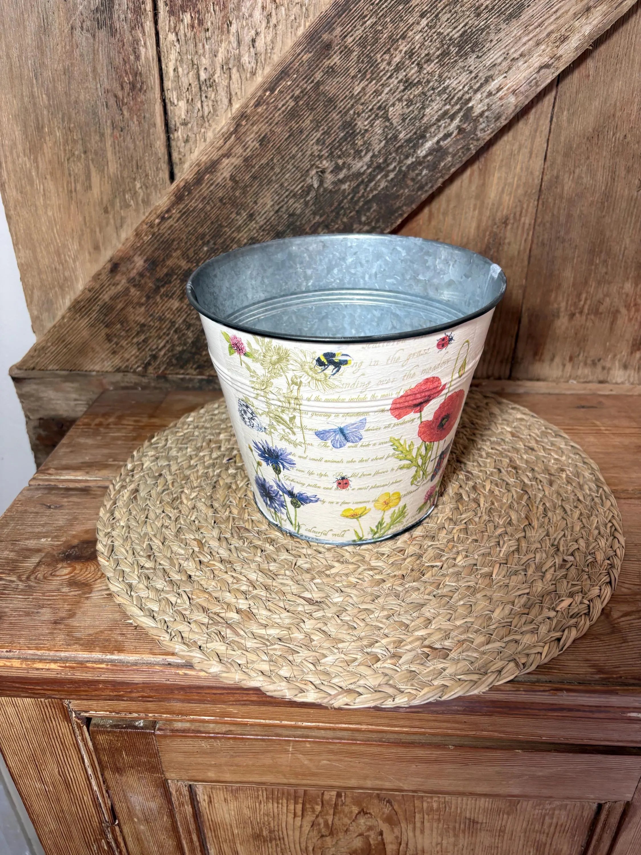 back shot poppy cornflower cream red blue metal planter cottage core home decor vintage floral birthday wedding