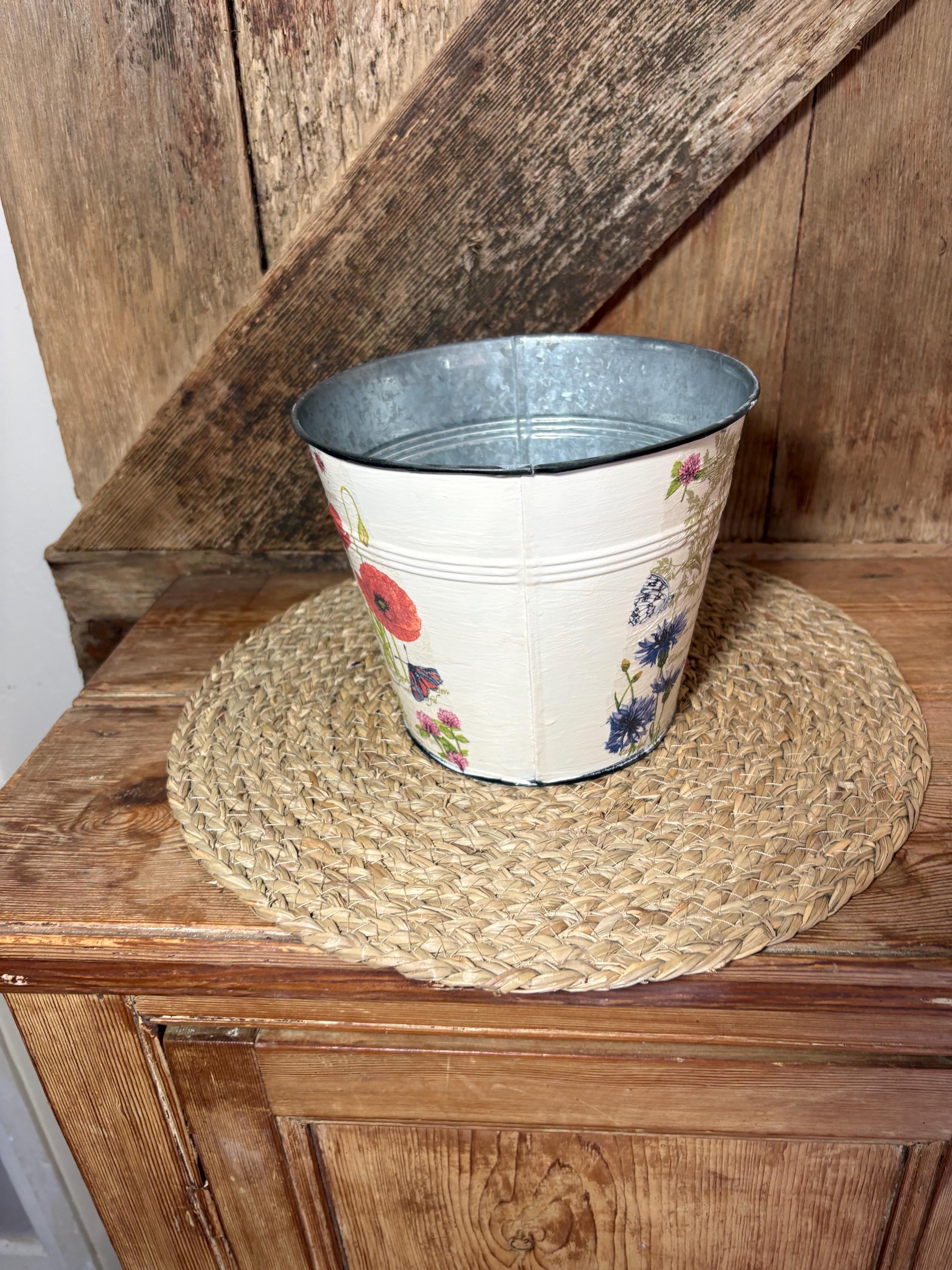 side shot poppy cornflower red blue cream metal planter home decor vintage floral cottage core birthday wedding