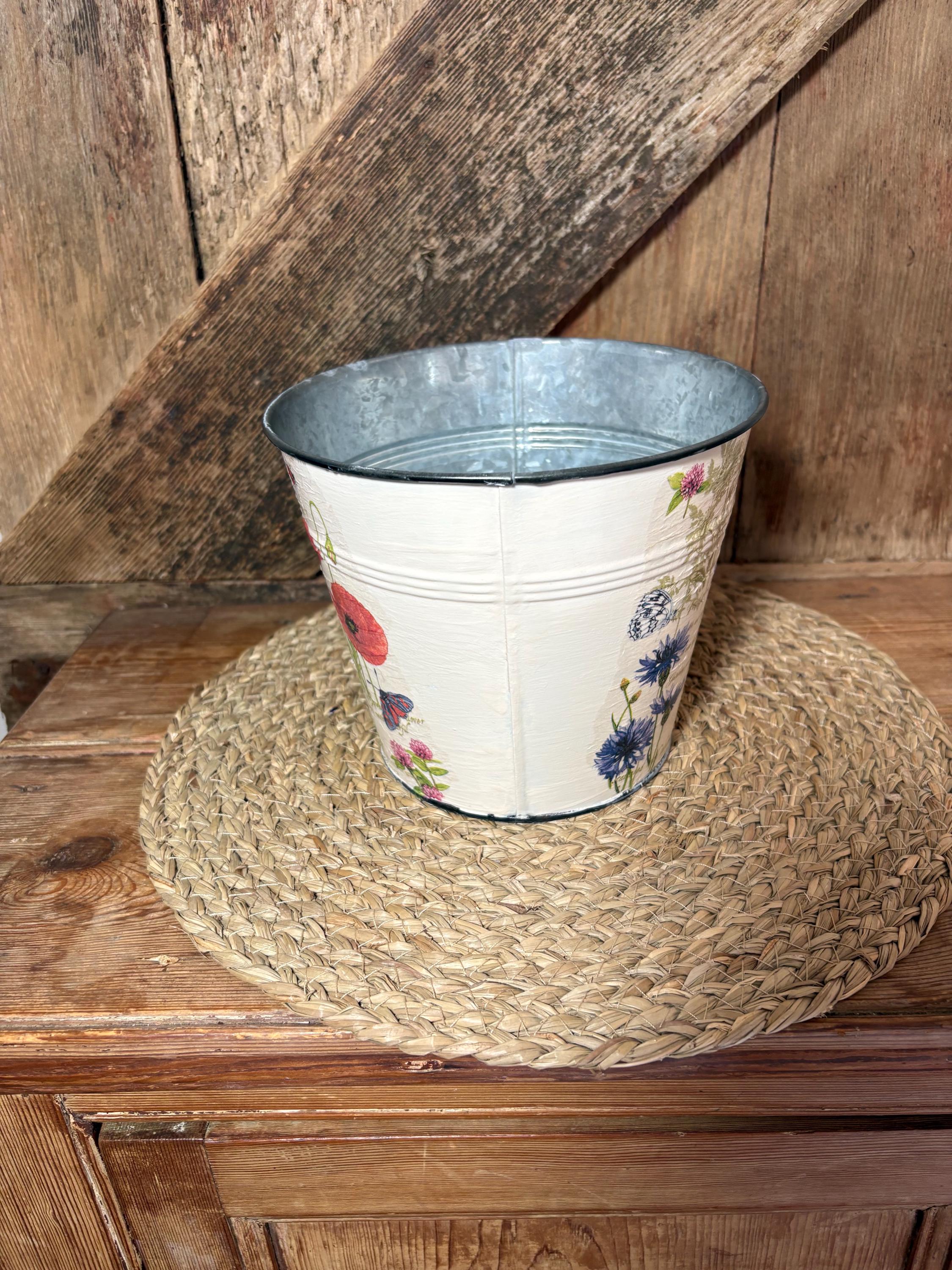 side shot poppy cornflower red blue cream metal planter cottage core home decor vintage floral birthday wedding