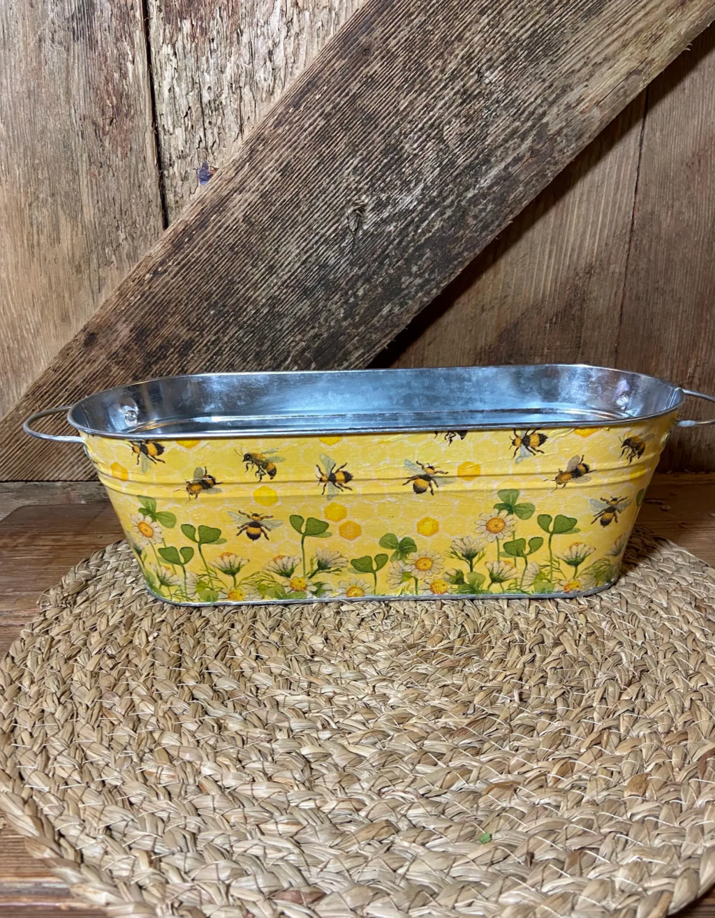 back shot honey bees yellow clover daisy metal planter cottage core home decor vintage mothers day birthday
