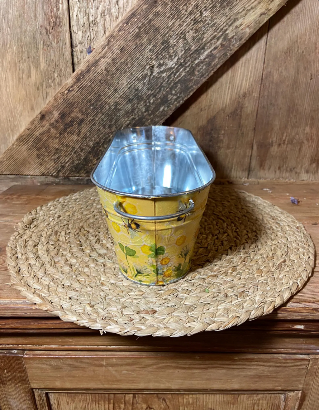 side shot yellow daisy honey bees clover metal planter cottage core home decor vintage mothers day birthday