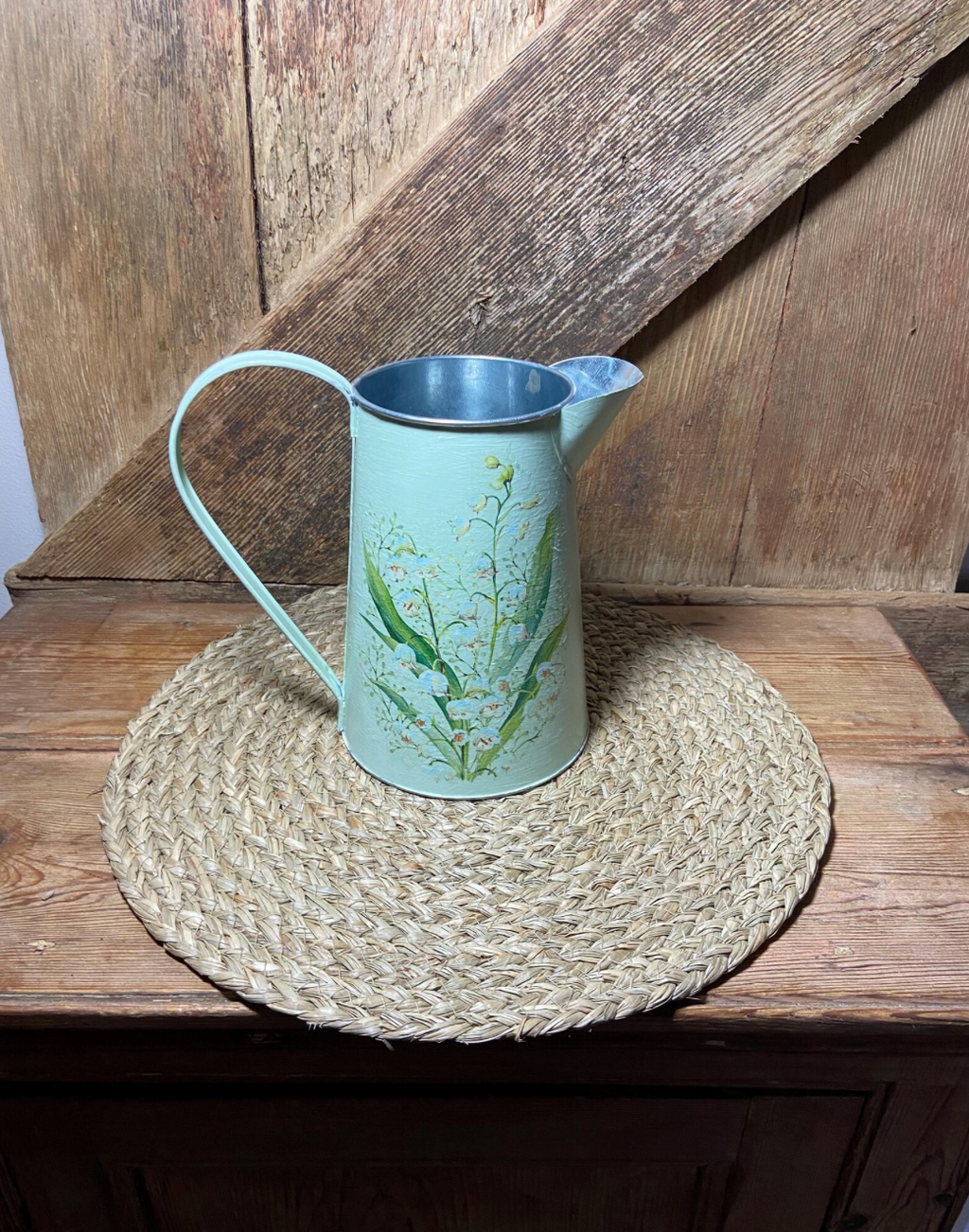 back shot lily of the valley green metal watering can cottage core home decor vintage floral mothers day birthday