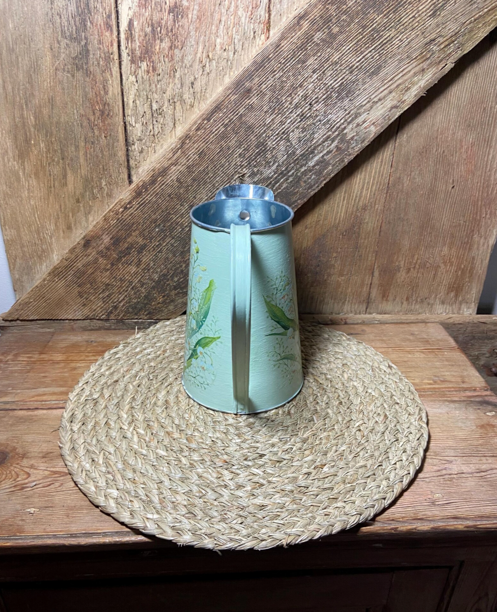 side shot green metal lily of the valley watering can cottage core home decor white vintage floral mothers day birthday