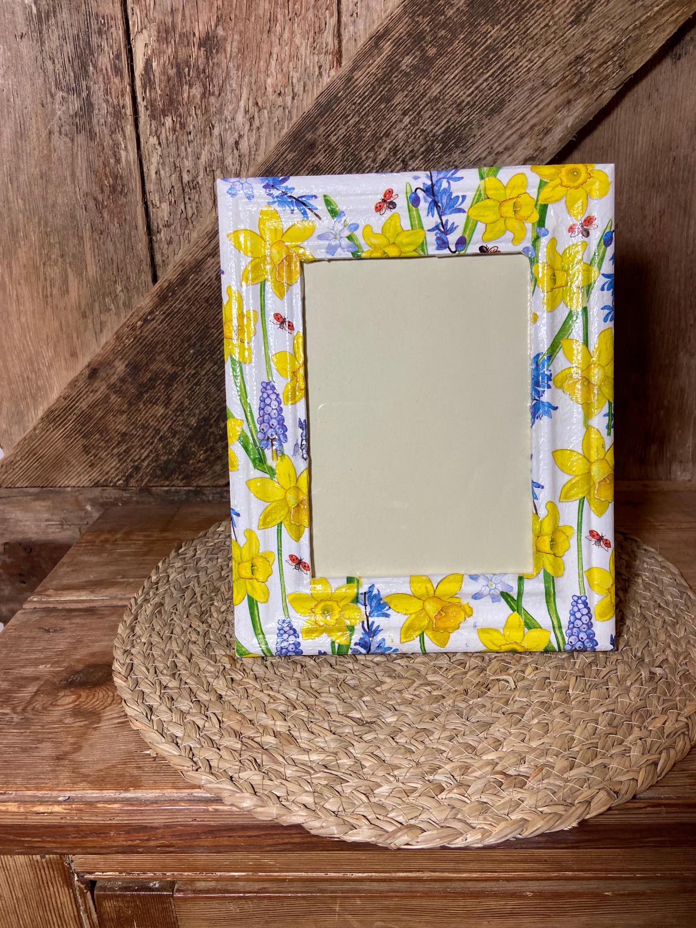 front shot daffodil photo frame yellow blue cottage core home decor vintage floral mothers day birthday