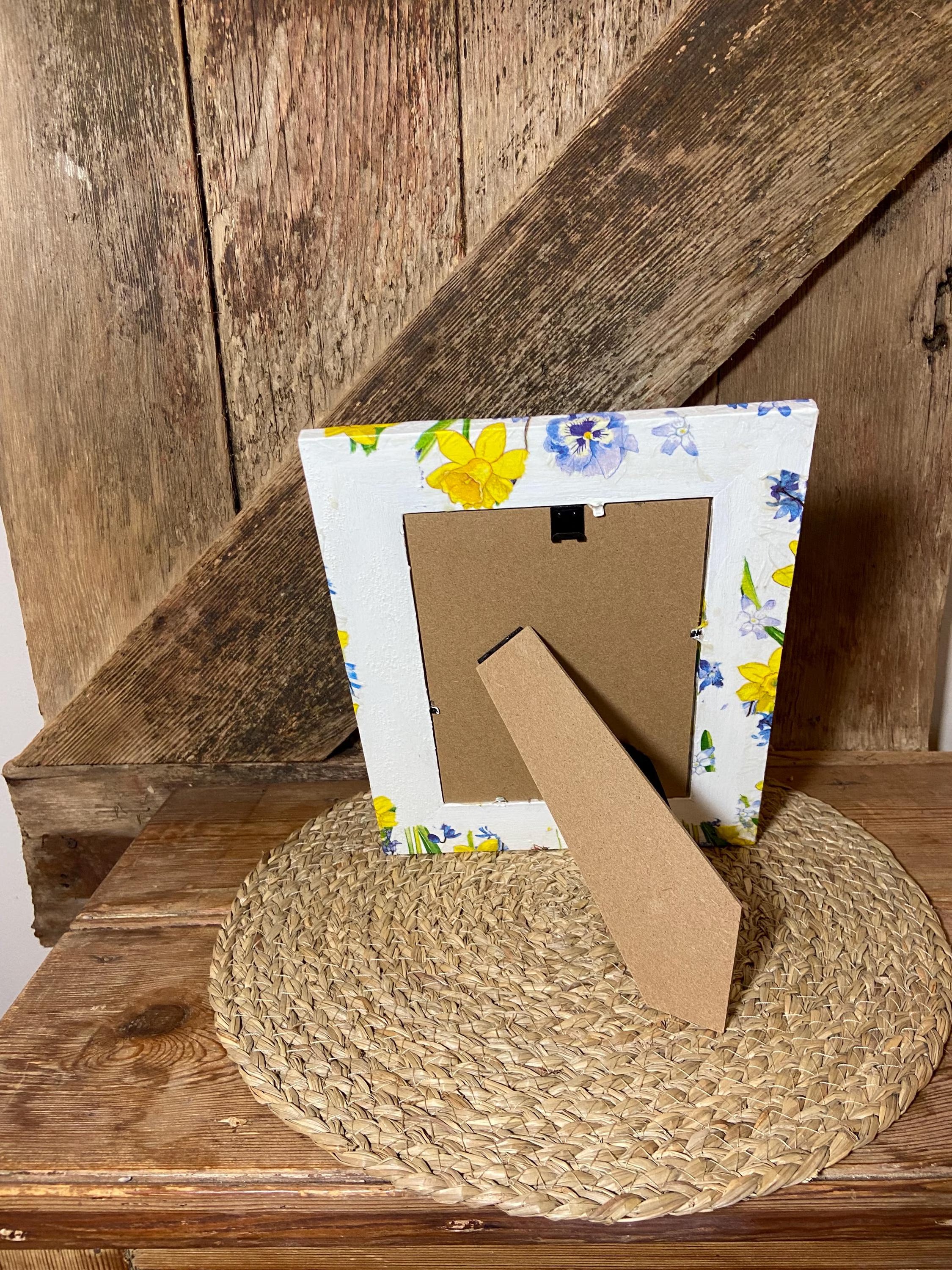 back view daffodil pansy photo frame yellow blue cottage core home decor vintage floral mothers day birthday