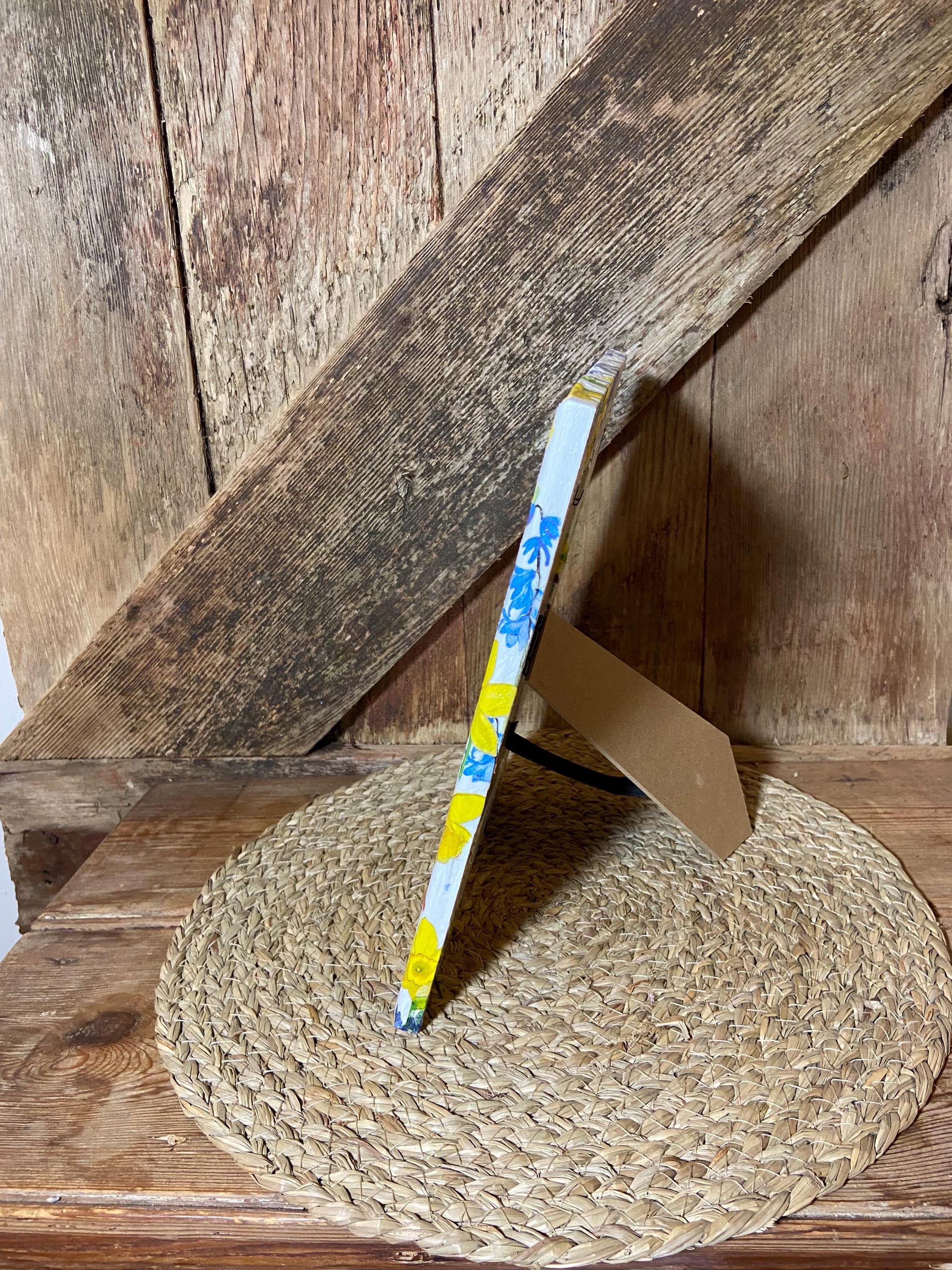 side shot daffodil yellow blue photo frame cottage core home decor vintage floral mothers day birthday