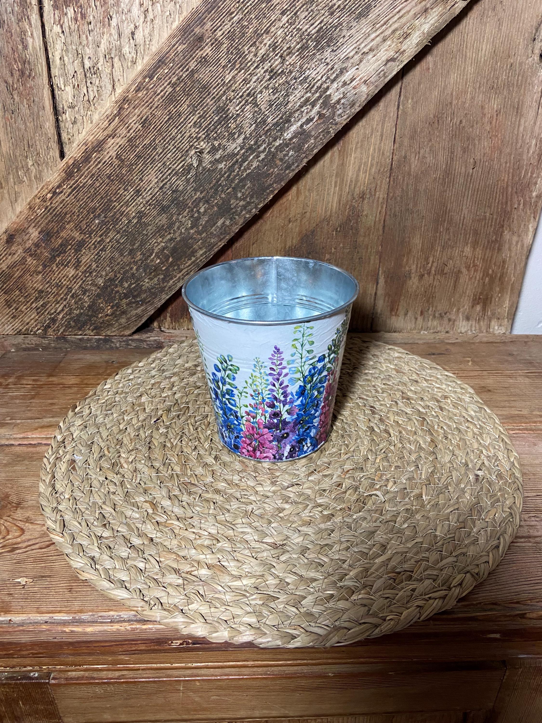 front shot delphiniuim planter metal white pink blue purple cottage core home decor vintage floral birthday