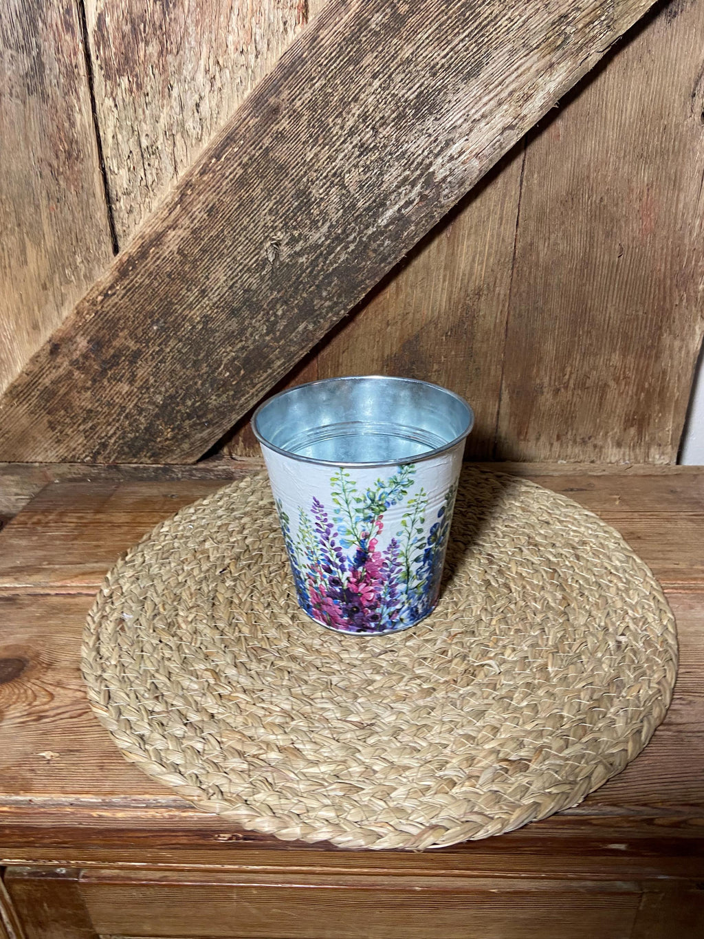 delphinium planter side shot white pink blue purple cottage core home decor vintage floral birthday
