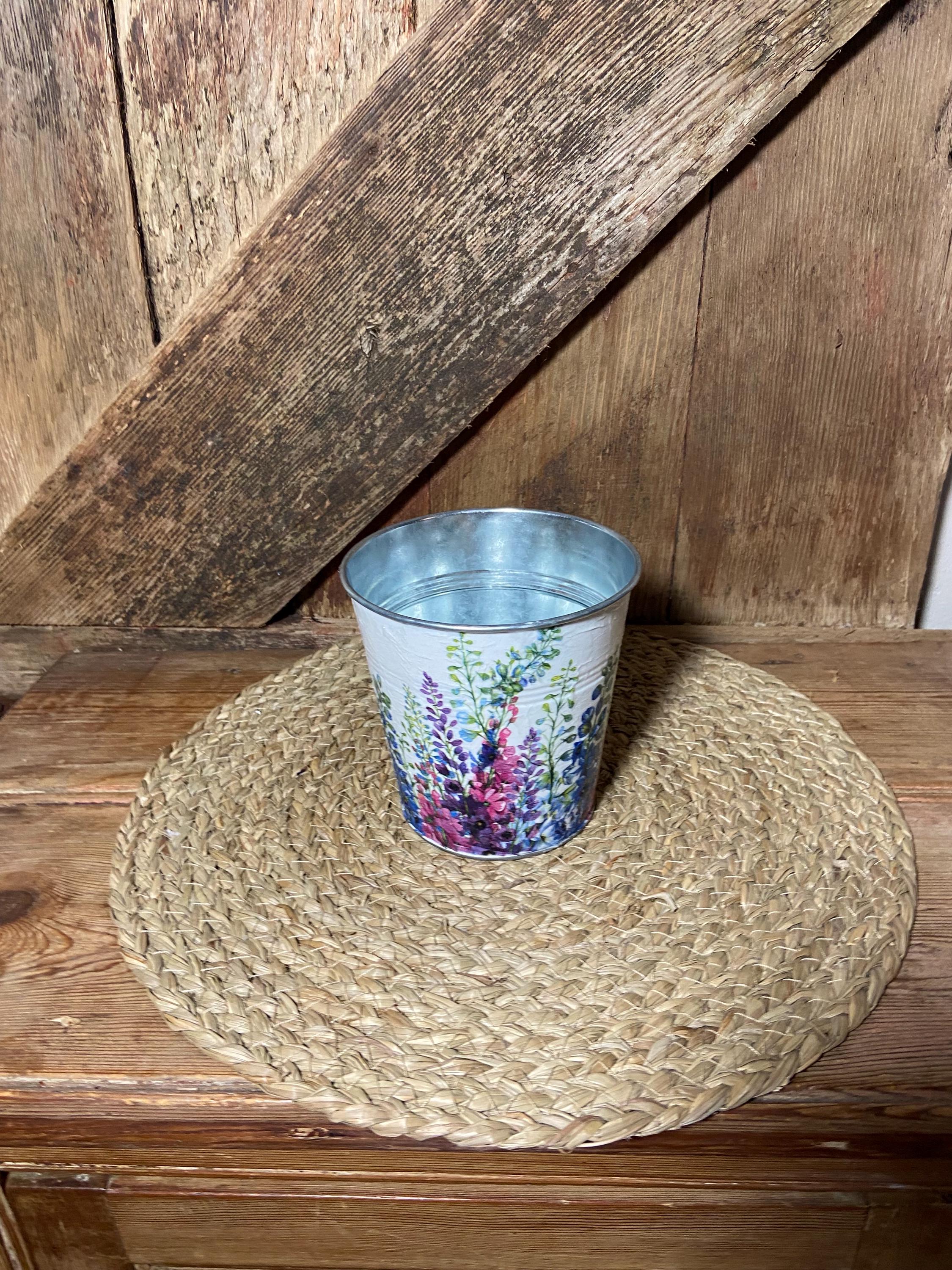 delphinium planter side shot white pink blue purple cottage core home decor vintage floral birthday