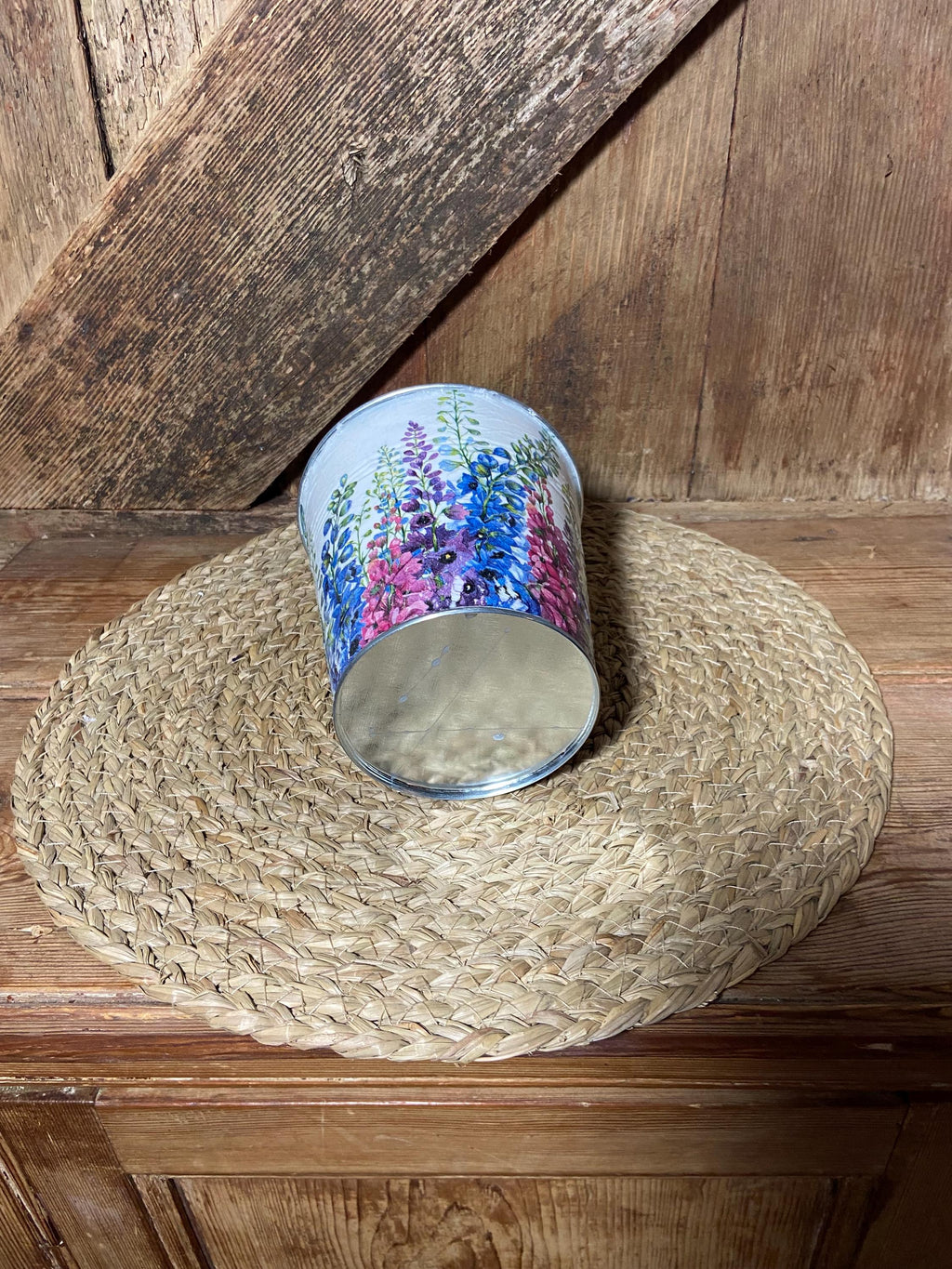 bottom shot small delphinium metal planter pink blue purple white cottage core vintage floral home decor birthday