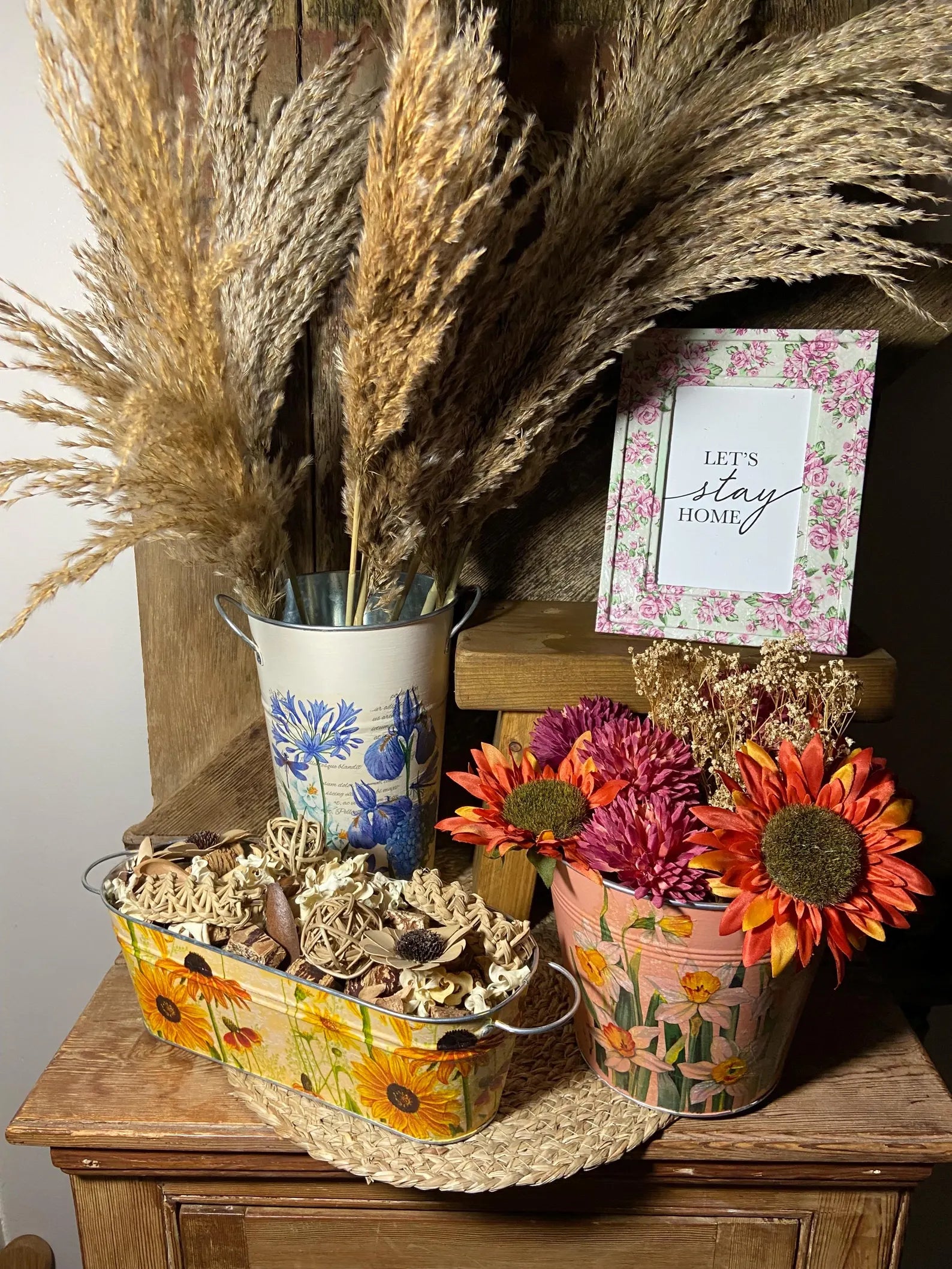 front shot metal pots rudbeckia  daffodil iris rose yellow orange pink green cottage core home decor vintage floral mothers day birthday