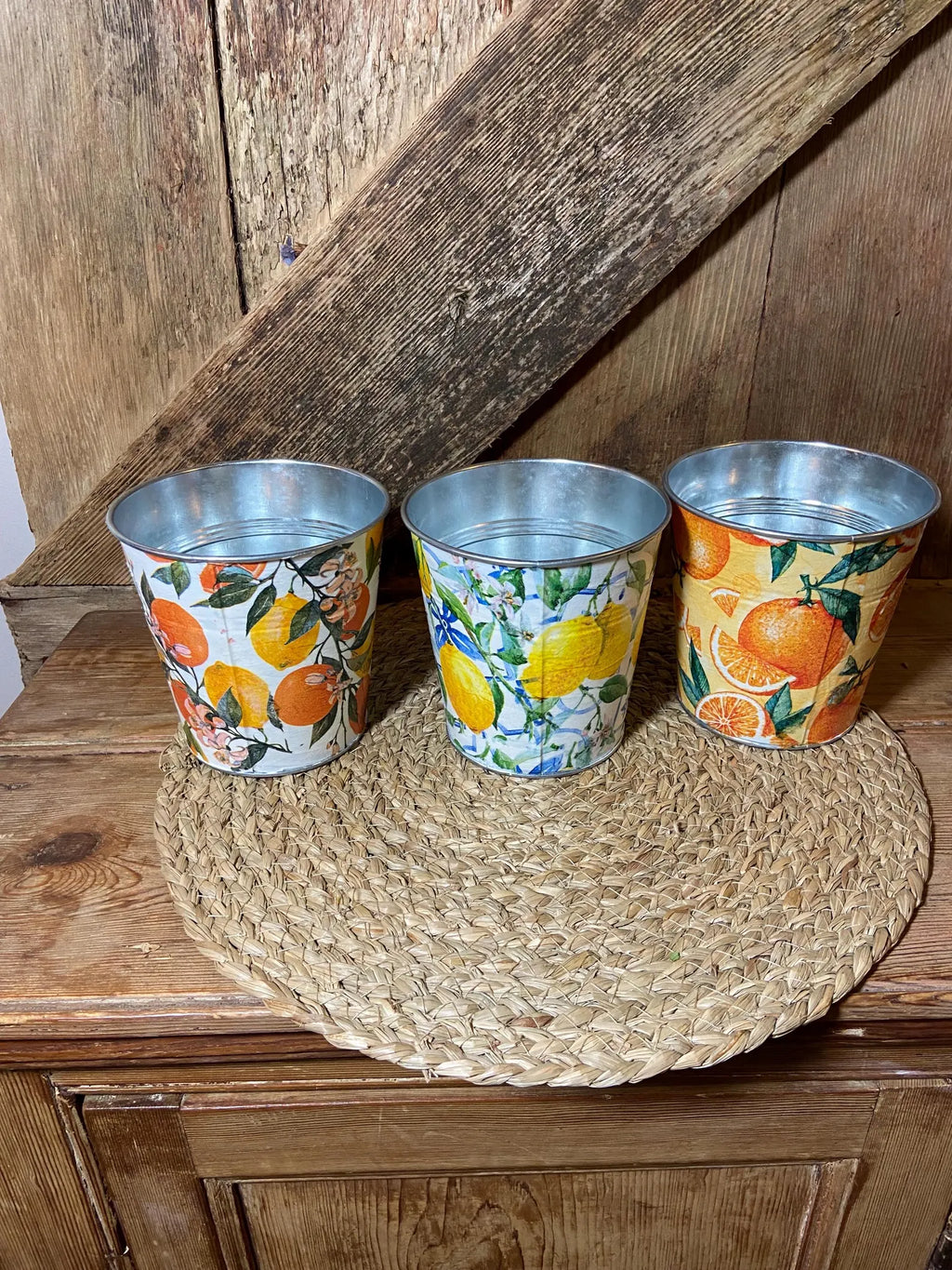 side shot set 3 metal pots orange lemon cottage core home decor vintage kitchen mothers day birthday