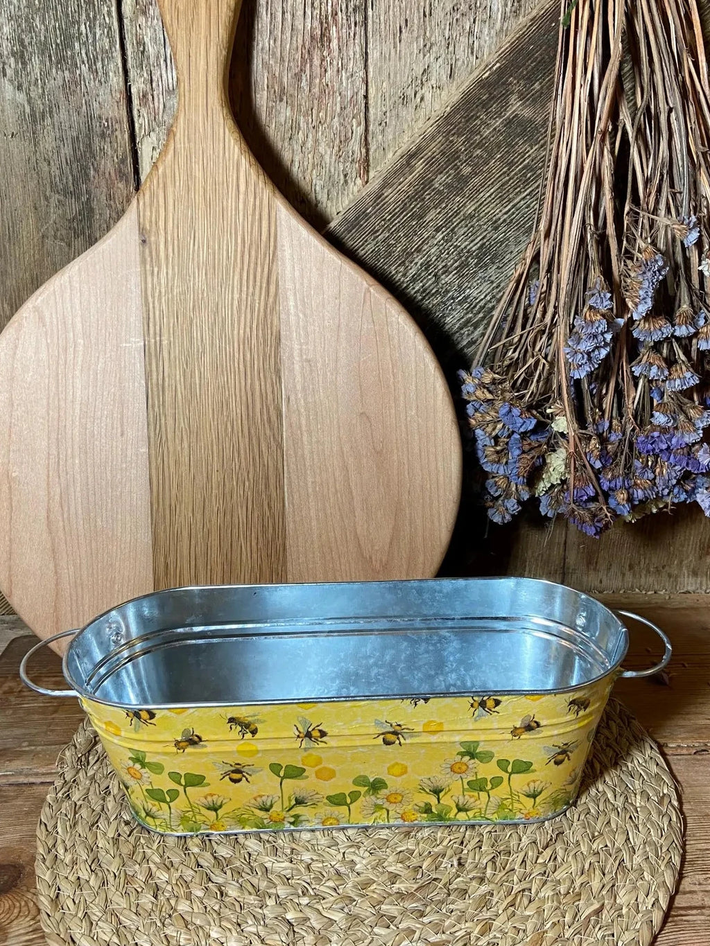 front shot long metal planter honey bees daisy clover yellow green cottage core home decor  vintage floral mothers day birthday