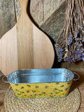 front shot long metal planter honey bees daisy clover yellow green cottage core home decor  vintage floral mothers day birthday