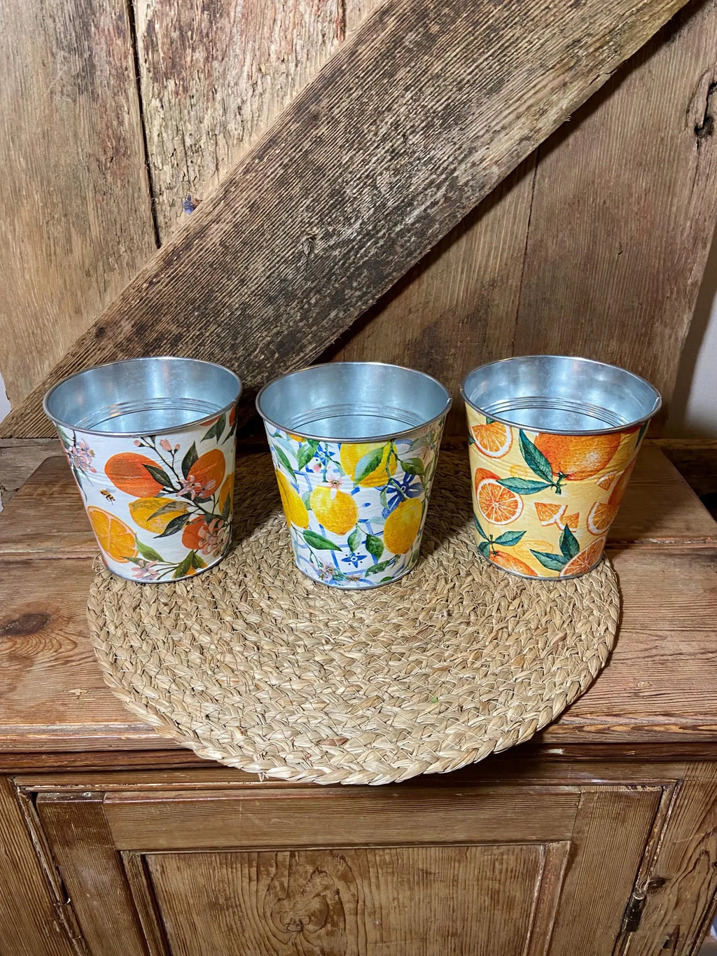 back shot 3 metal pot set lemon orange cottage core home decor kitchen vintage mothers day birthday