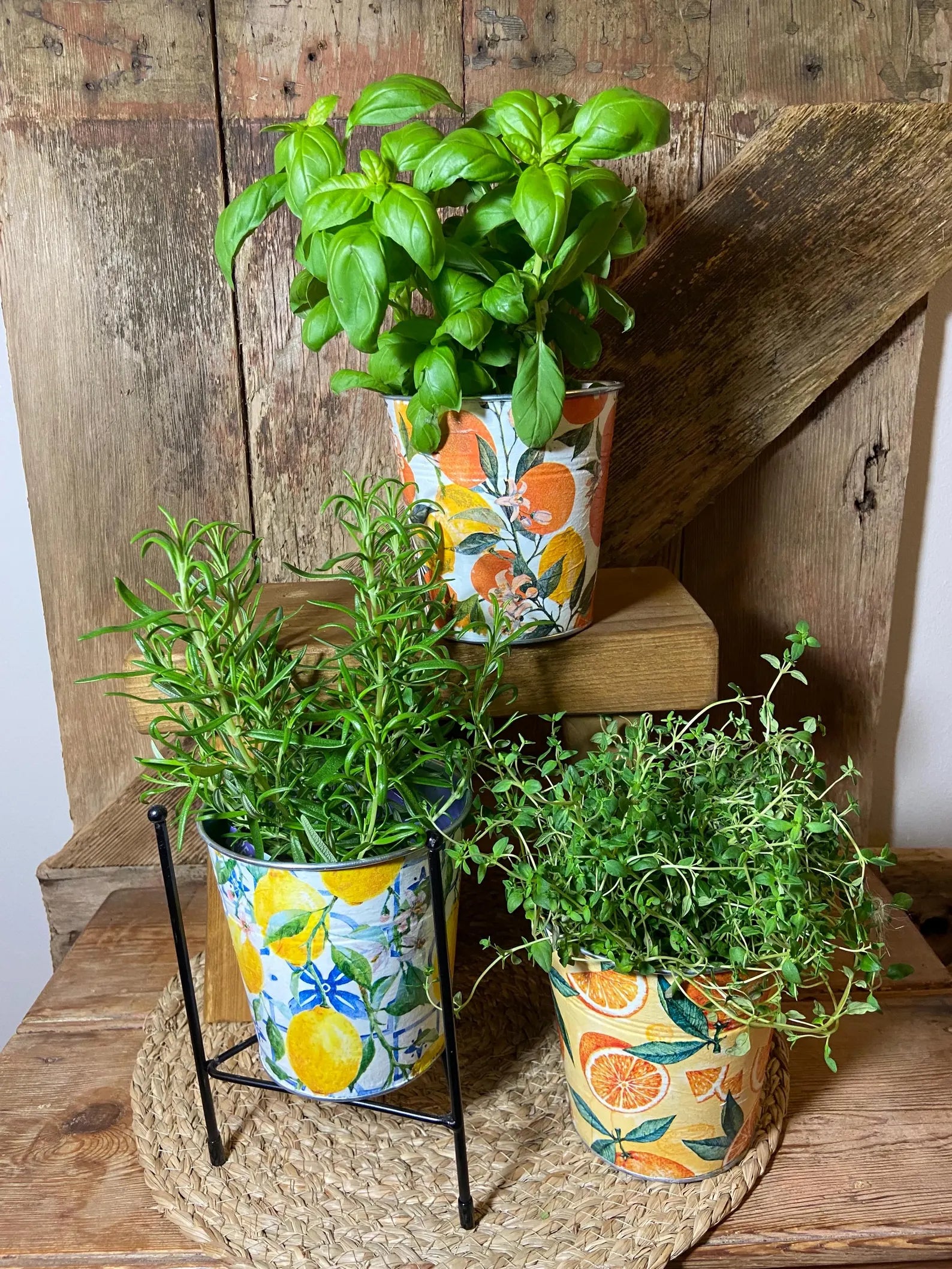front shot 3 pots orange lemon metal set cottage core home decor vintage floral mothers day birthday kitchen