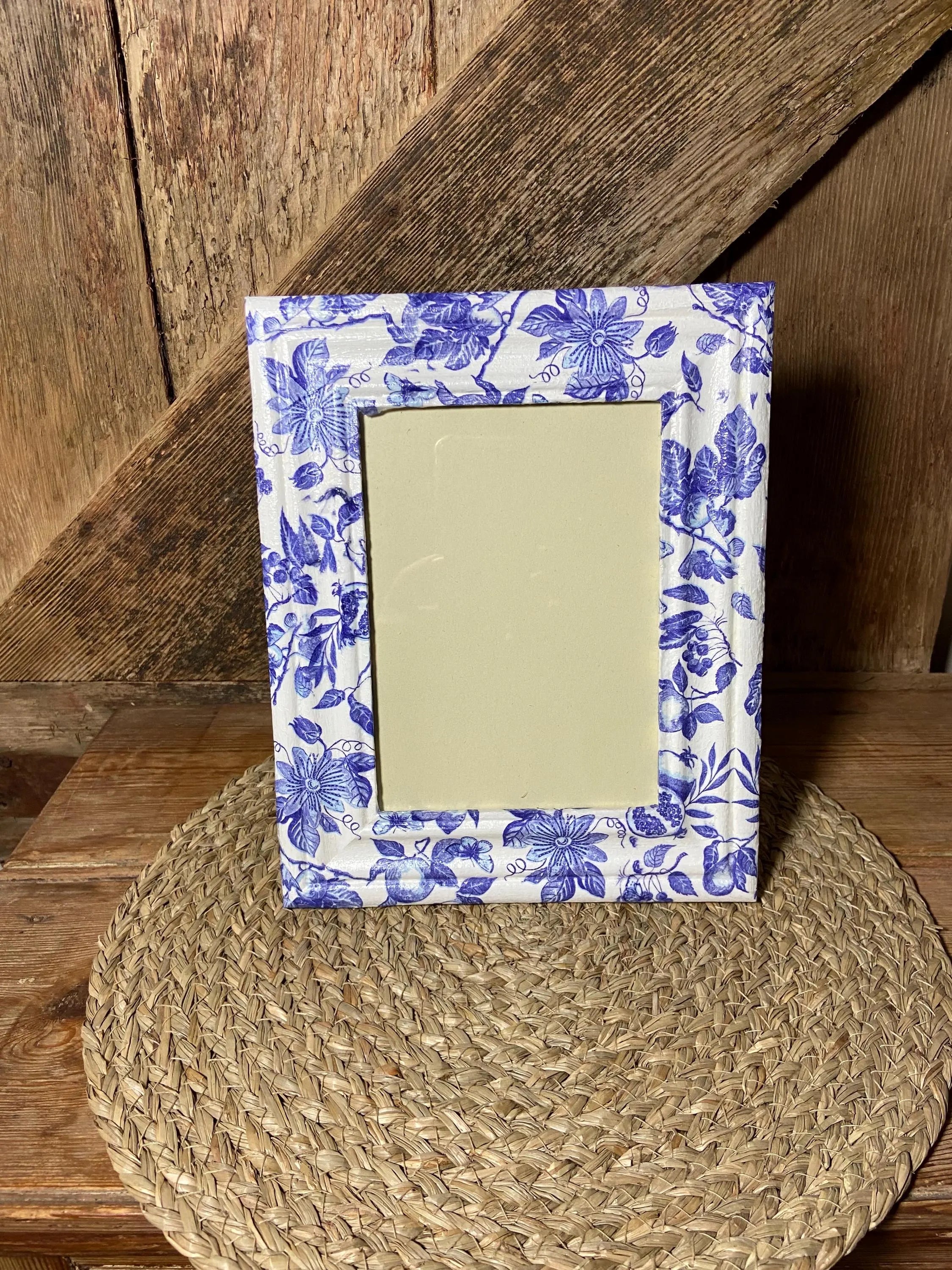 front shot passion flower blue and white picture frame cottage core home decor vintage floral mothers day birthday blue and white
