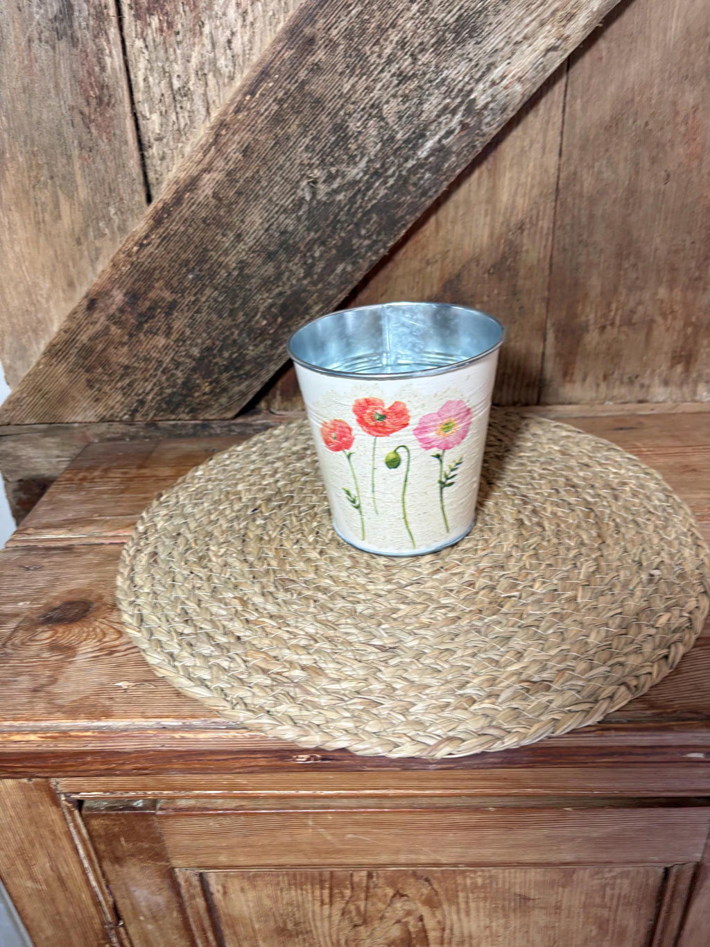 metal poppy planter cream red pink cream front shot cottage core home decor vintage floral birthday wedding