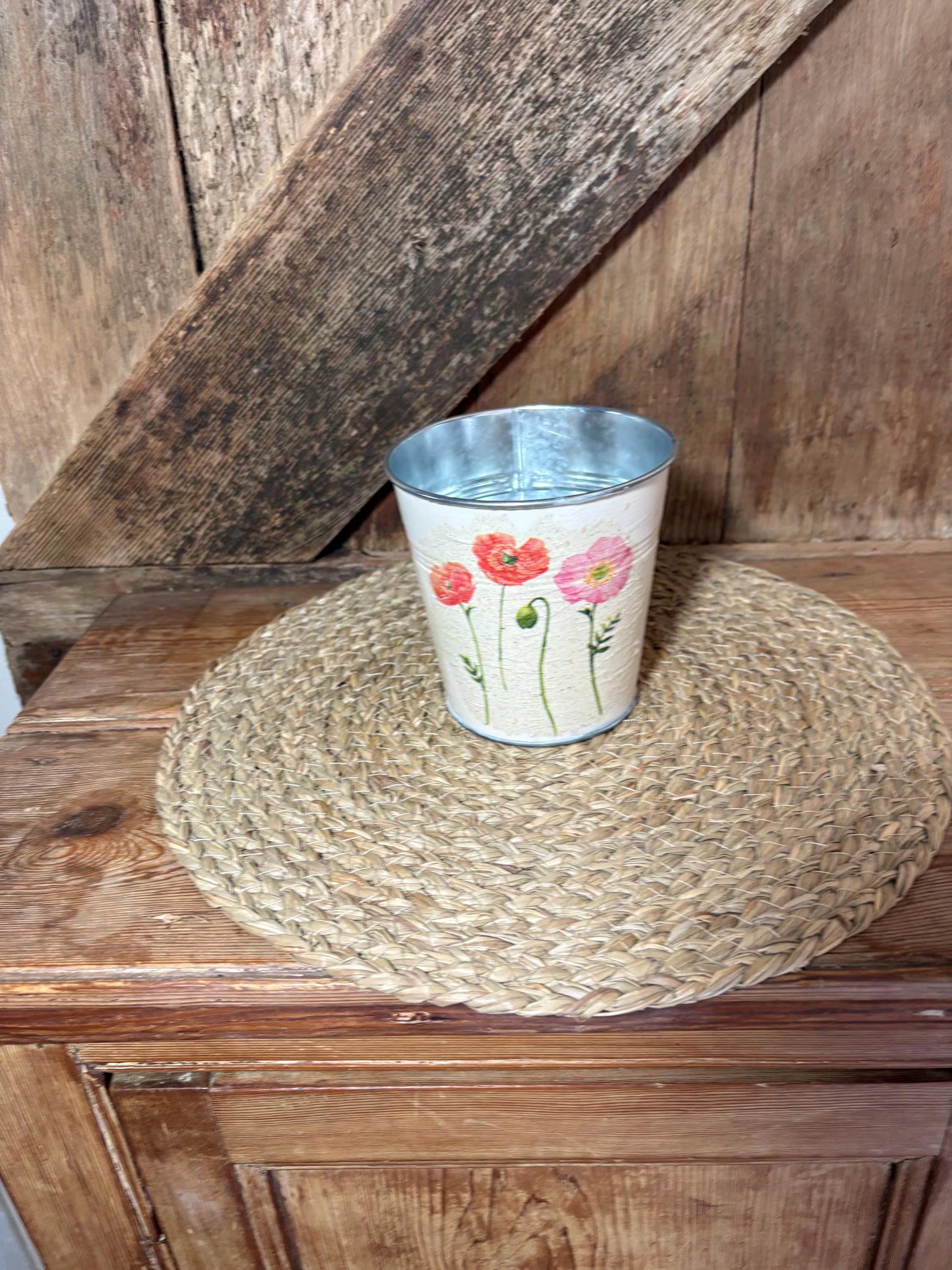 metal poppy planter cream red pink cream front shot cottage core home decor vintage floral birthday wedding