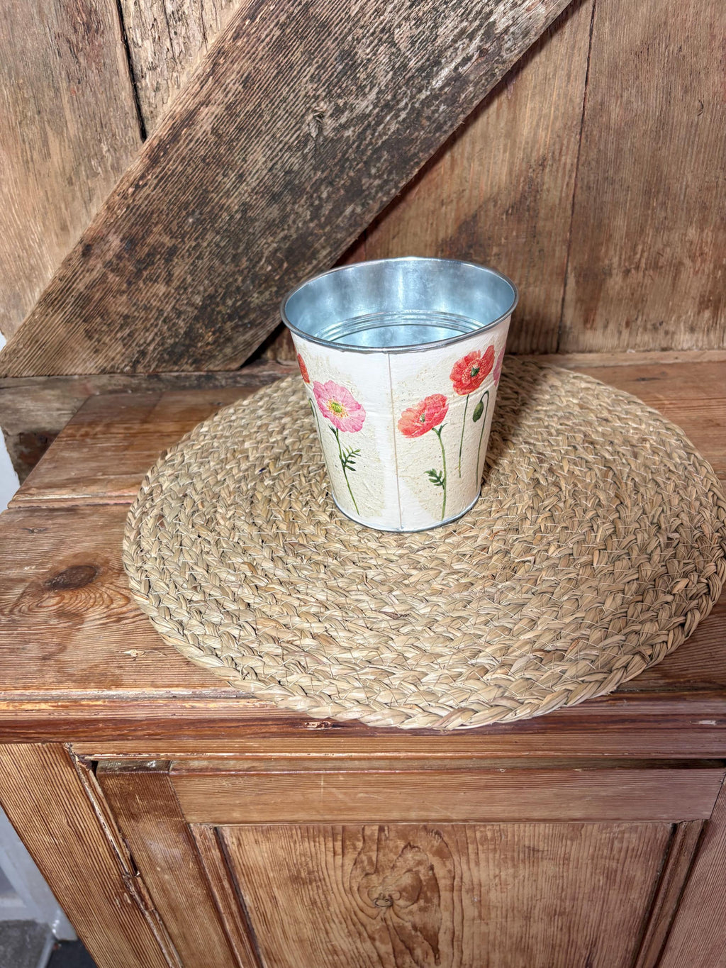back shot cream pink red poppy metal planter cottage core home decor vintage floral birthday wedding