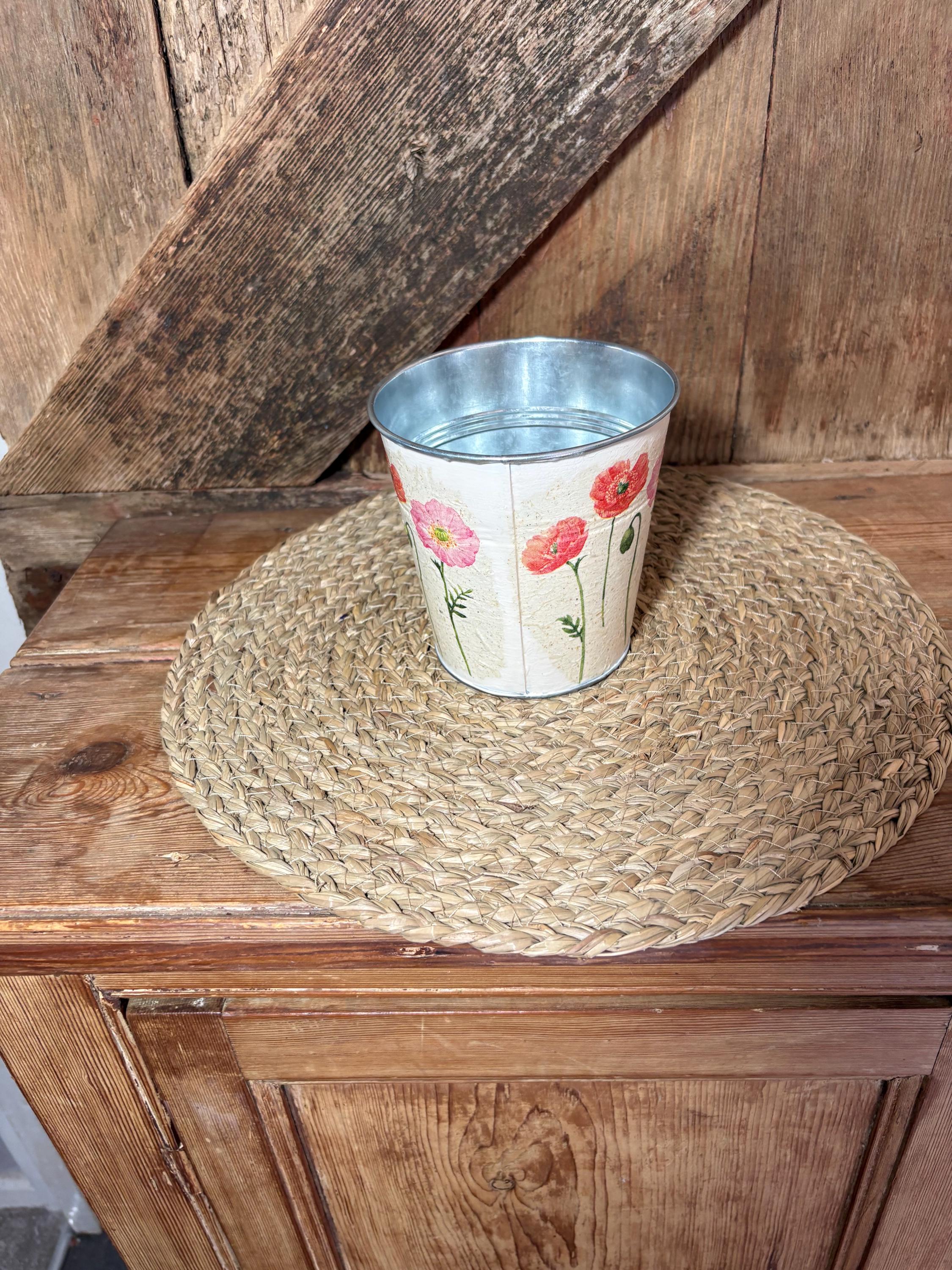 back shot cream pink red poppy metal planter cottage core home decor vintage floral birthday wedding