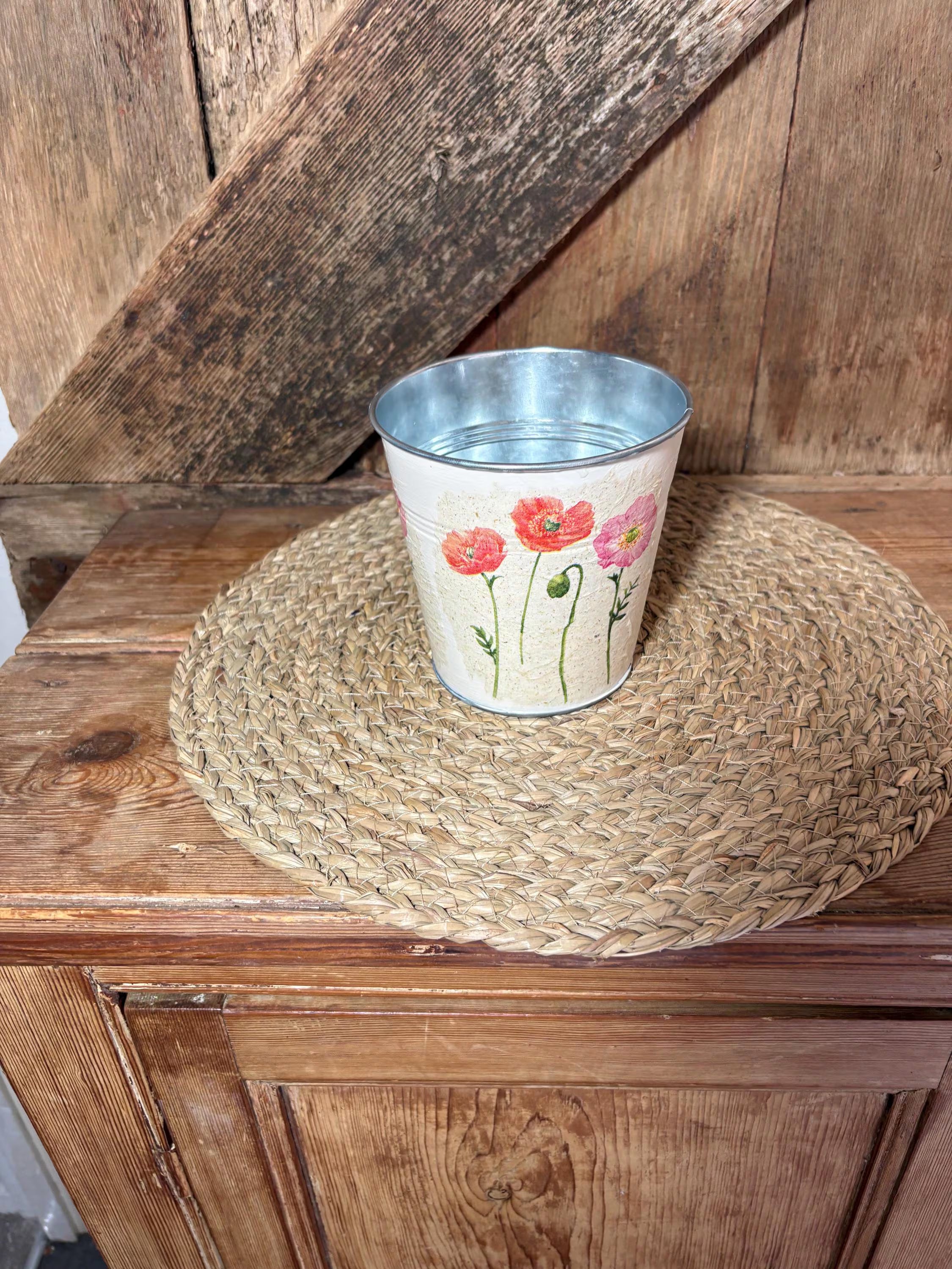 side shot cream pink poppy metal planter vintage floral cottage core home decor birthday wedding