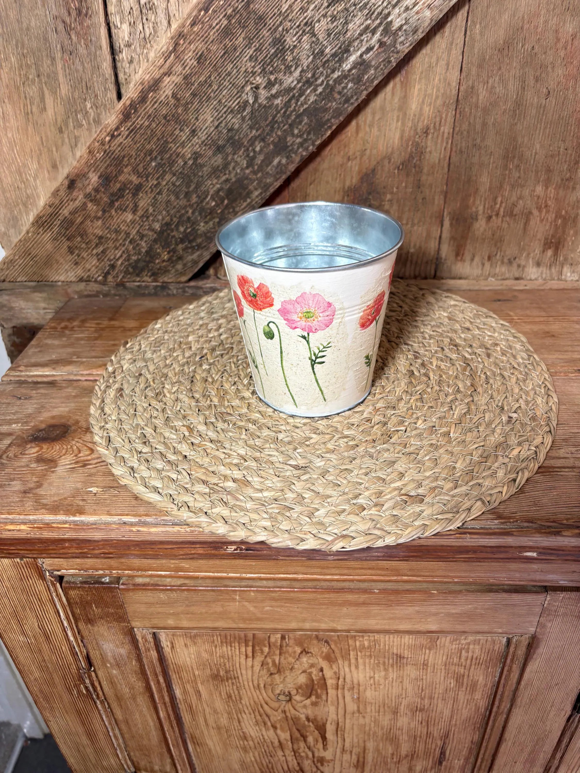 side shot poppies pink cream metal planter cottage core home decor vintage floral birthday wedding