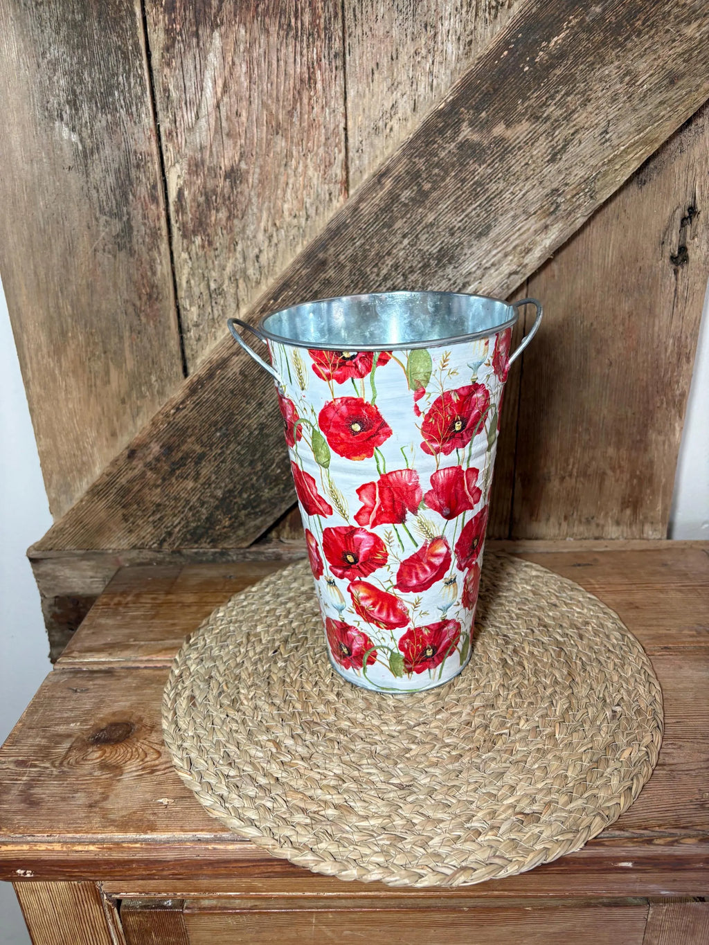 front shot metal planter white red green poppy cottage core home decor vintage floral birthday wedding