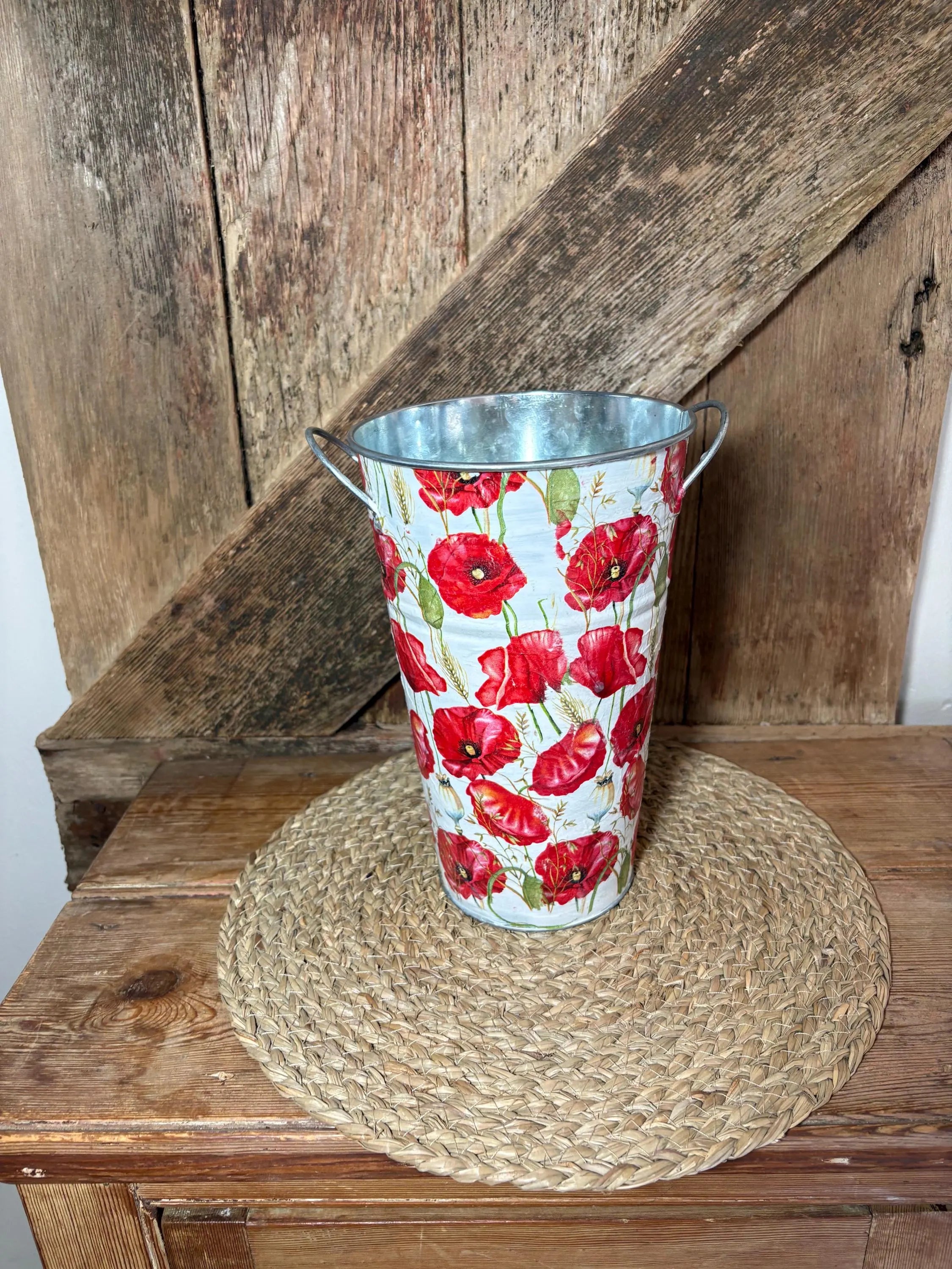 front shot metal planter white red green poppy cottage core home decor vintage floral birthday wedding