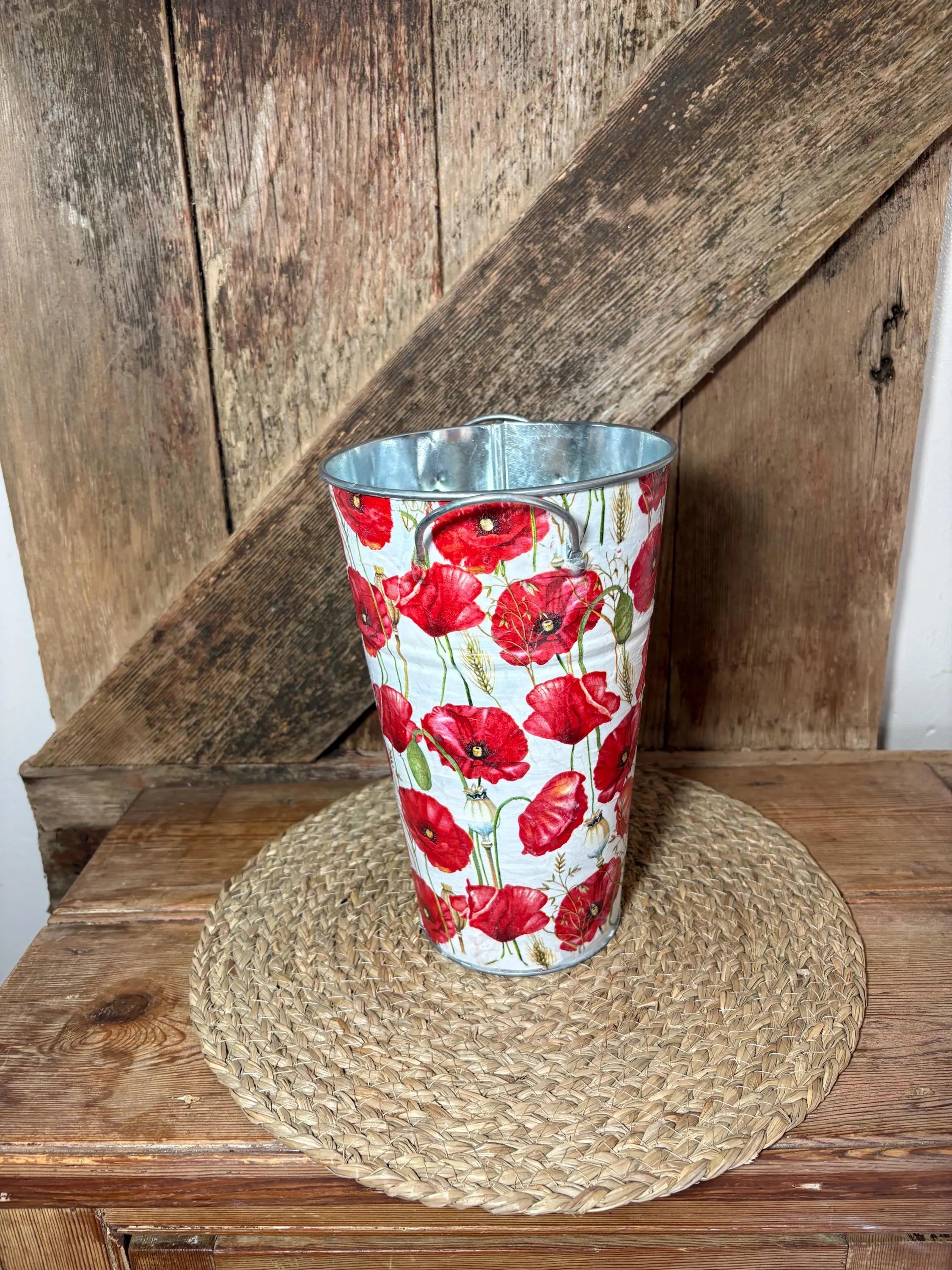 tall metal poppy planter side shot red white green birthday wedding cottage core home decor vintage floral 