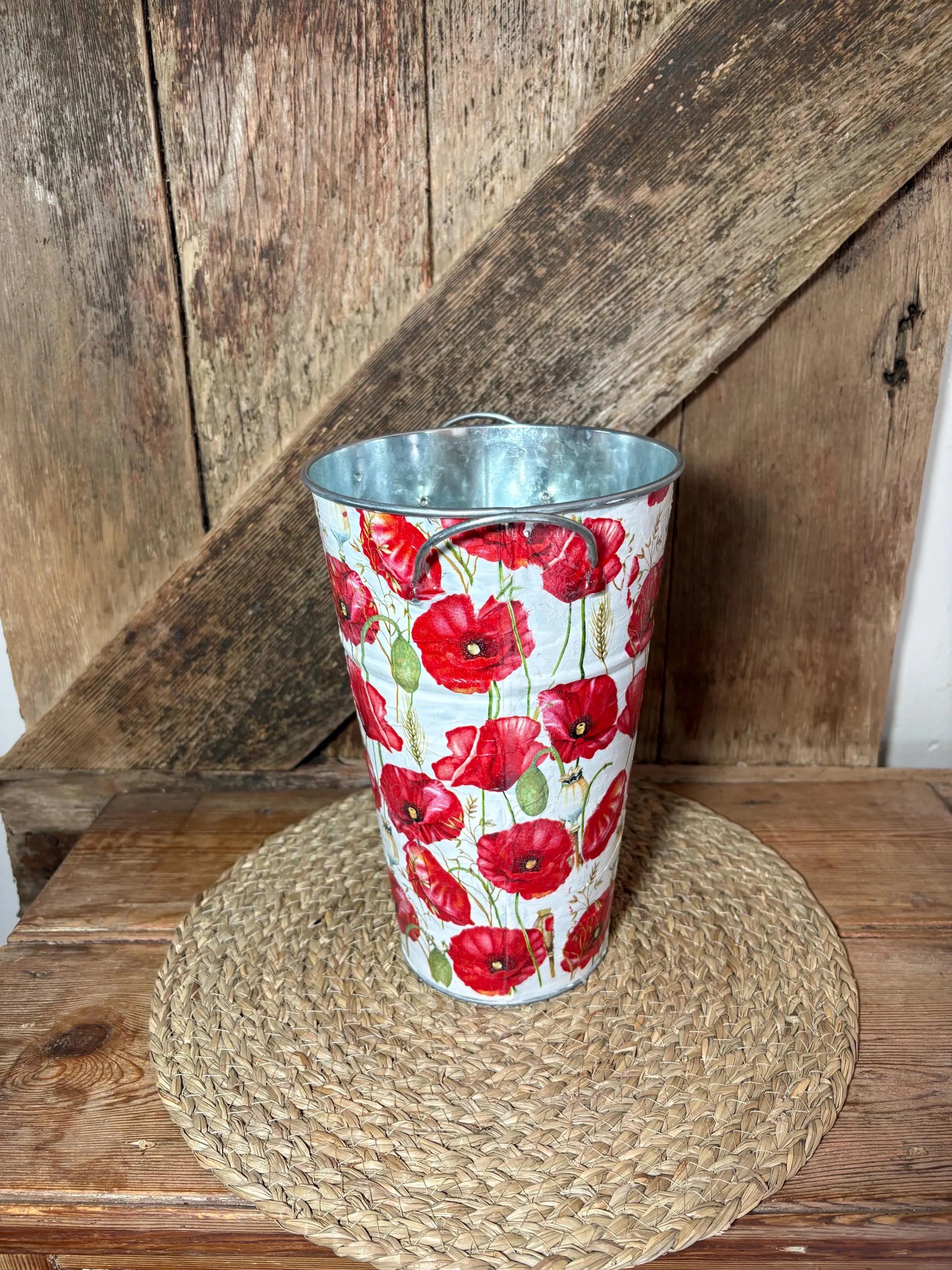 side shot tall metal poppy planter white red green cottage core home decor vintage floral birthday wedding