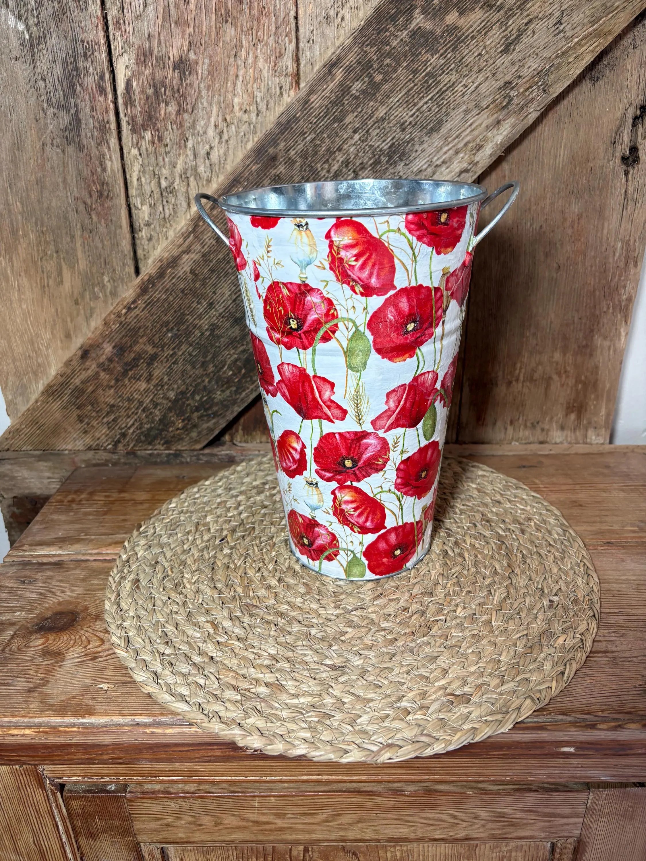 back shot poppy red white green tall metal planter cottage core home decor vintage floral birthday wedding
