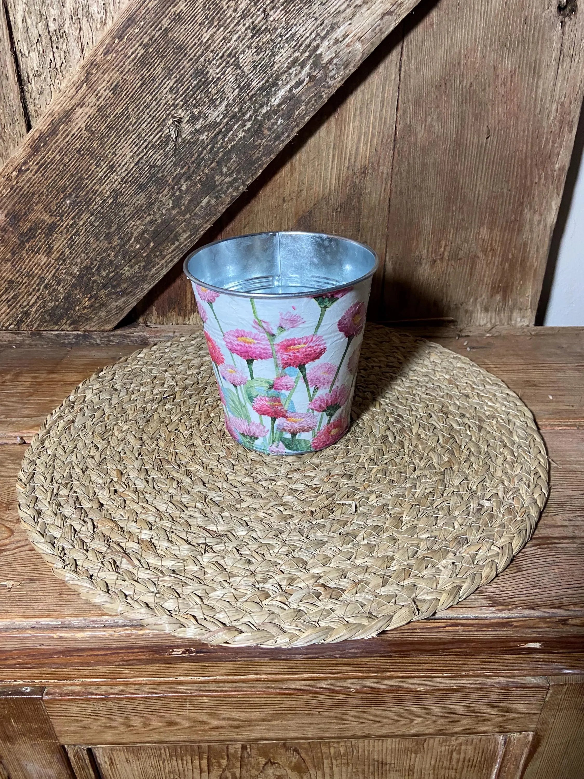 front shot metal planter pink white bellis daisy mothers day birthday home decor vintage floral cottage core