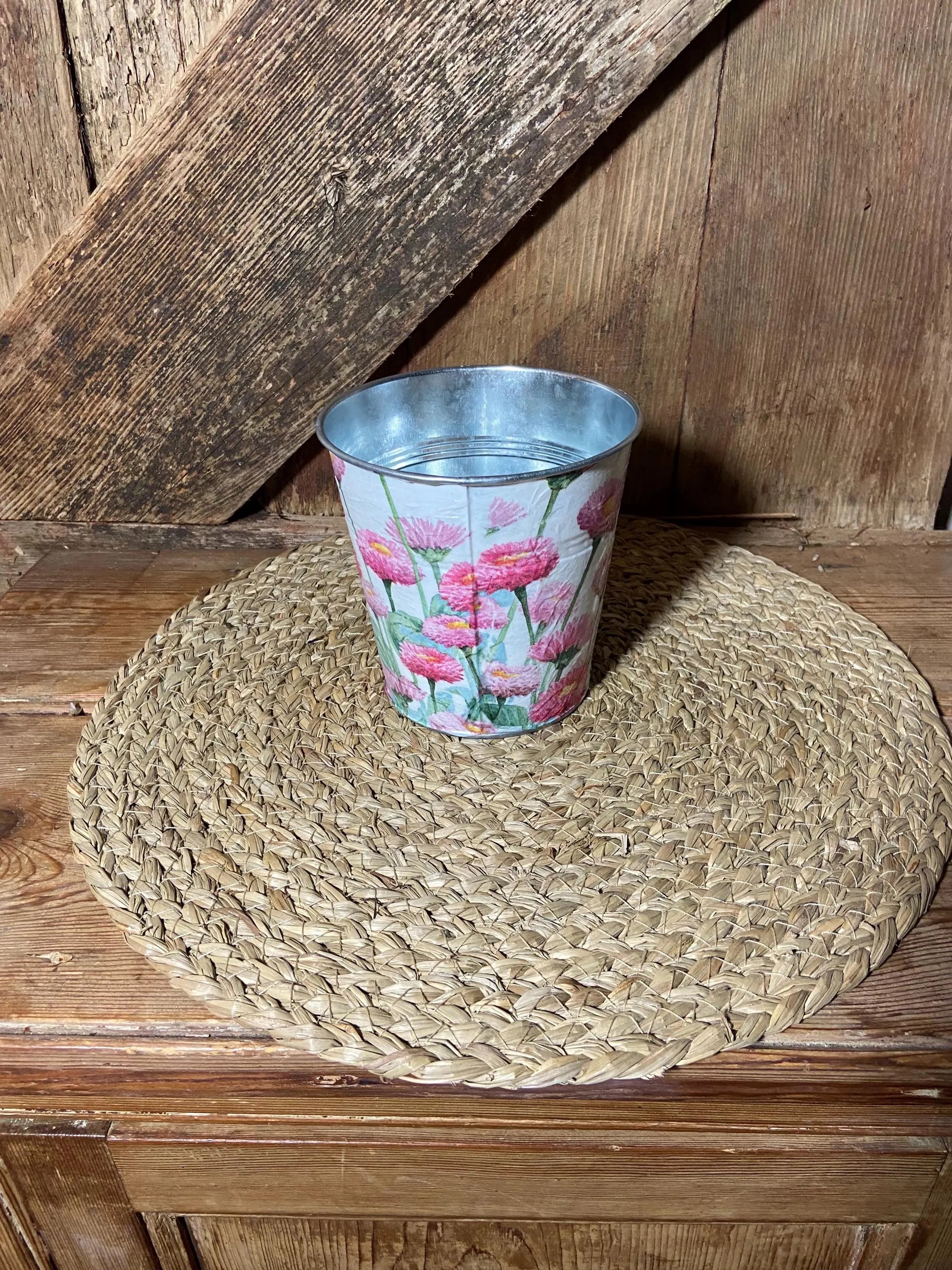 back shot metal planter bellis daisy pink white birthday mothers day cottage core home decor vintage floral