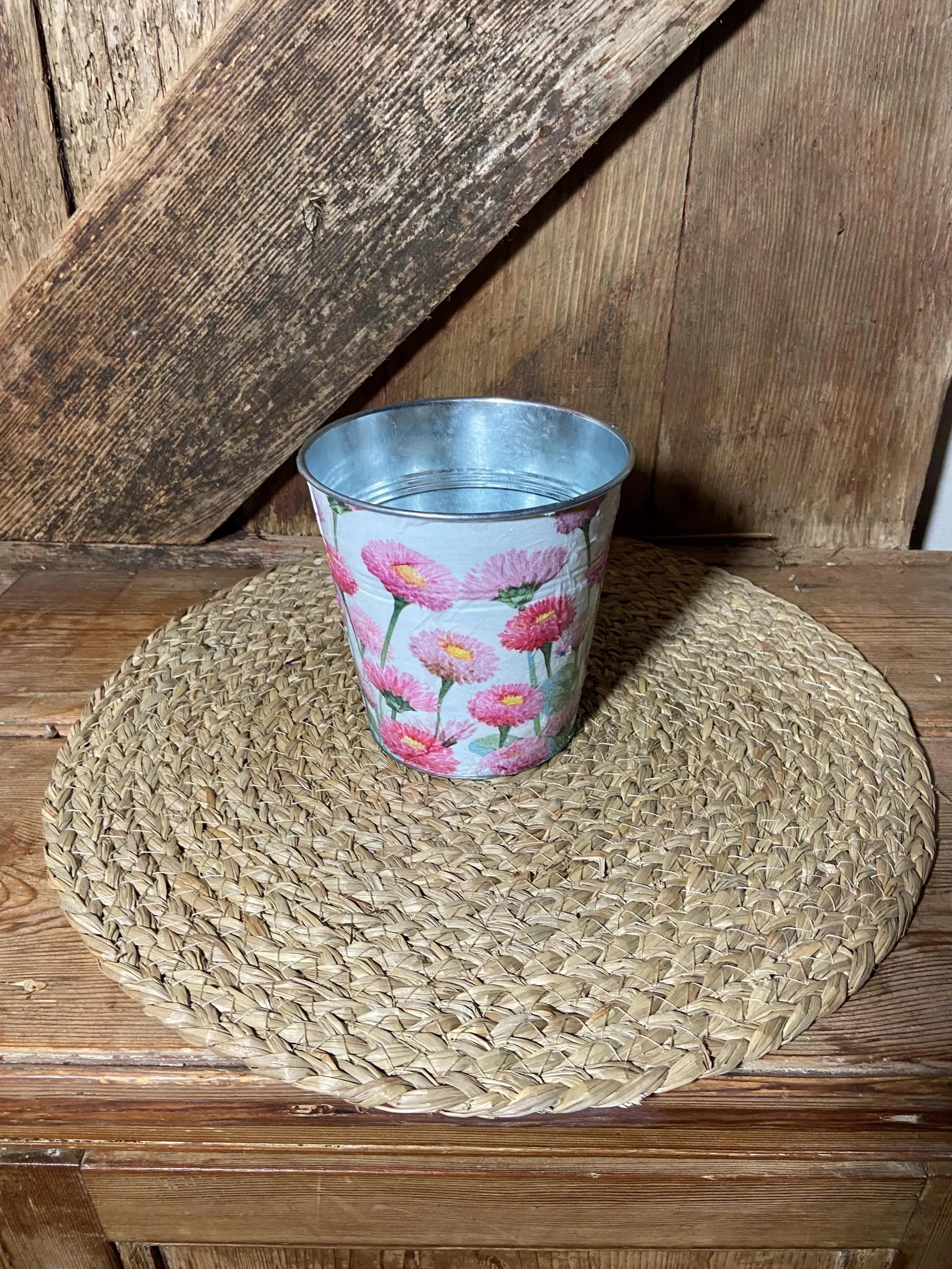 bellis pink daisy white side shot metal planter mothers day birthday vintage floral cottage core home decor