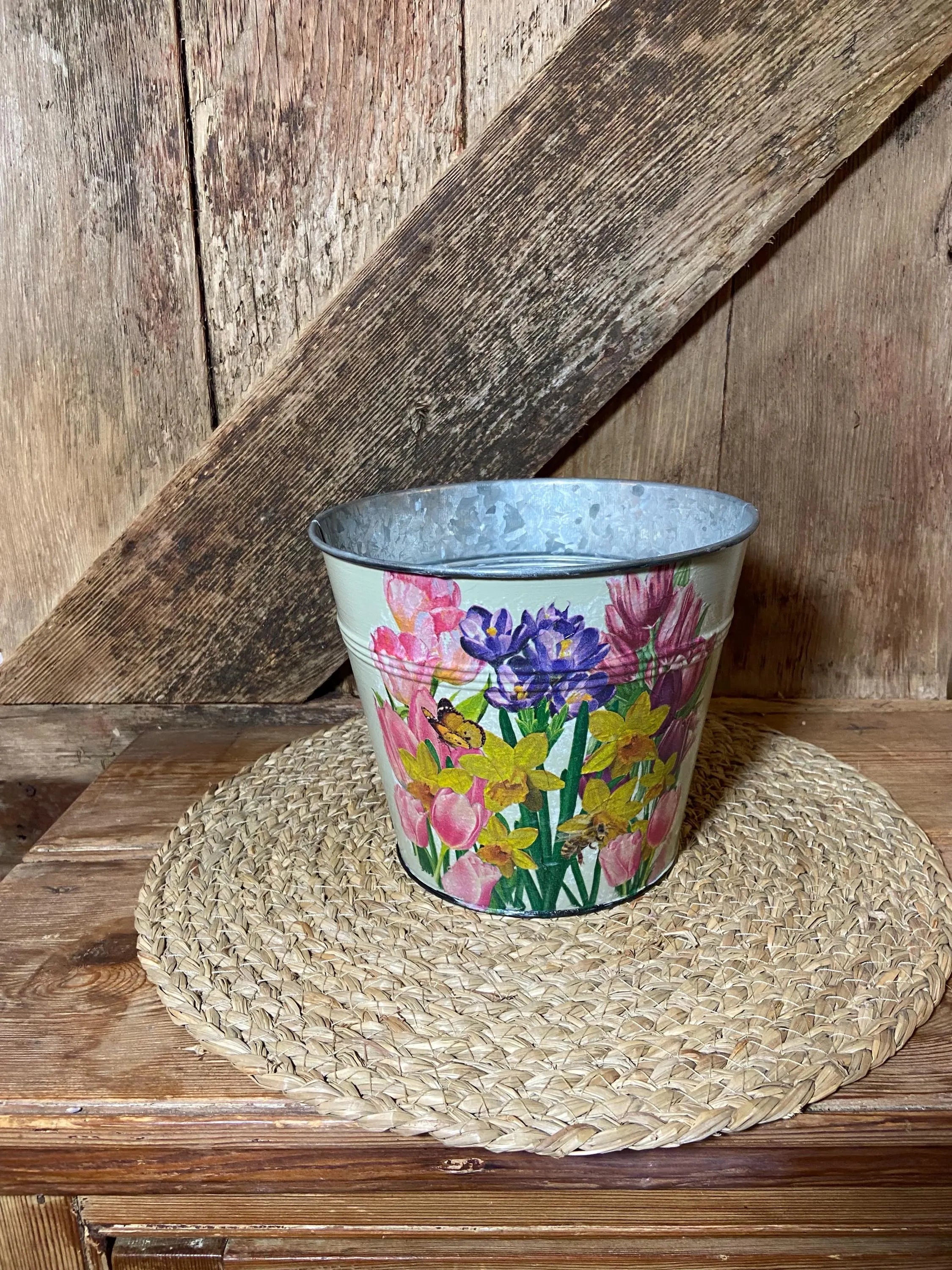 front shot metal planter daffodil yellow crocus tulip pink green cottage core home decor vintage floral mothers day birthday
