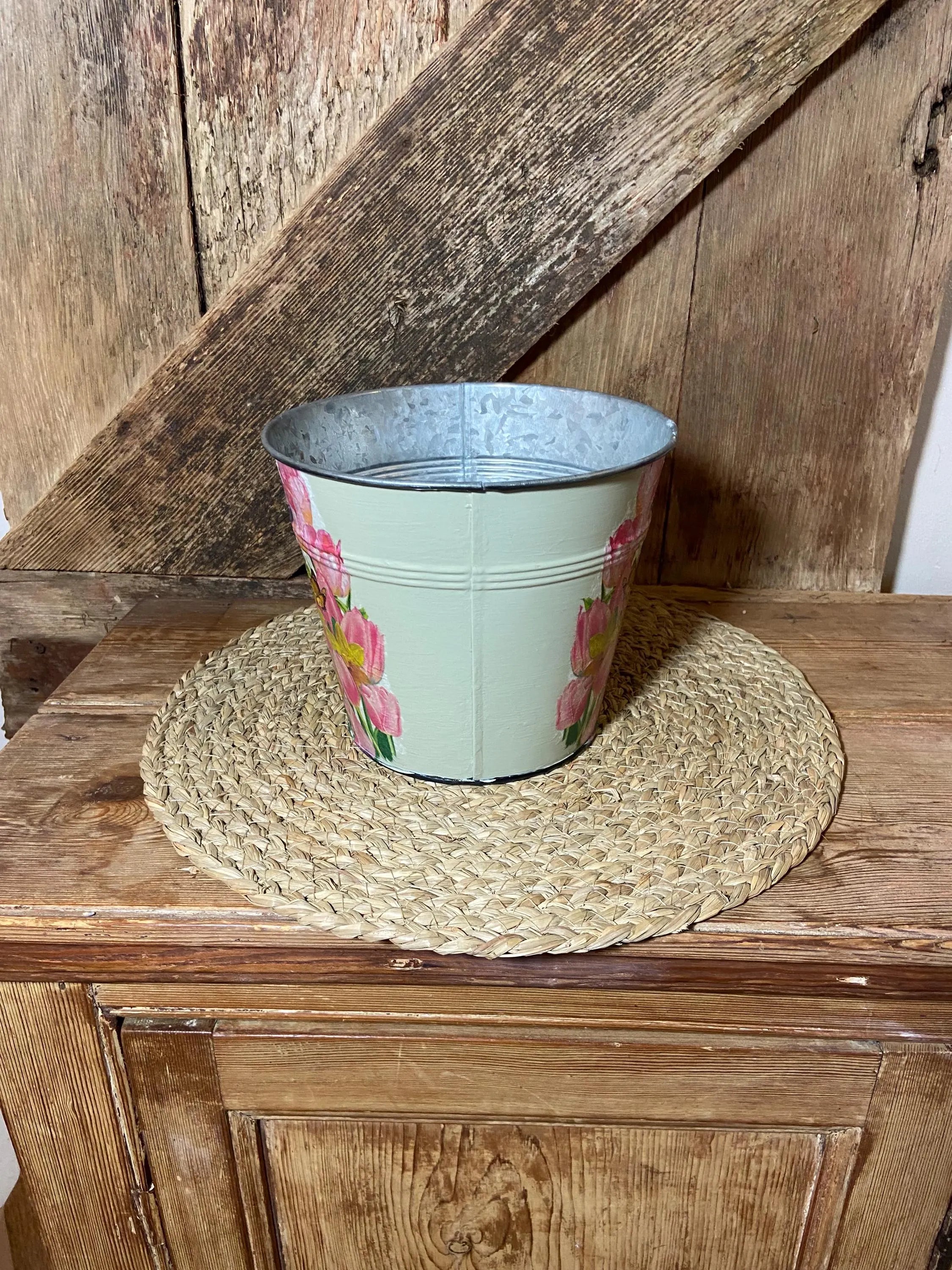 side shot metal planter green pink daffodil yellow crocus tulip cottage core home decor vintage floral mothers day birthday