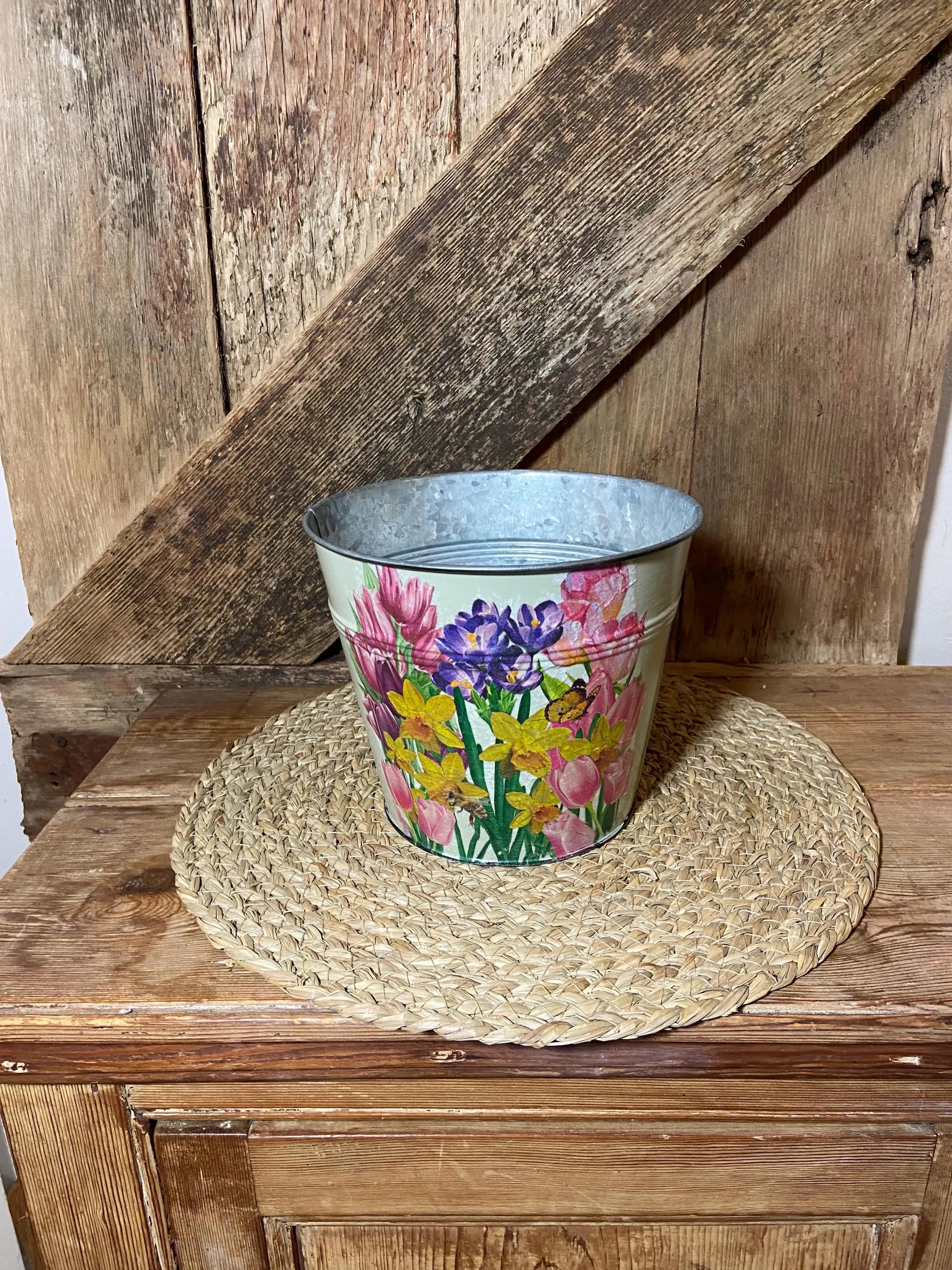 back view tulip daffodil crocus yellow pink blue metal planter cottage core home decor vintage floral mothers day birthday