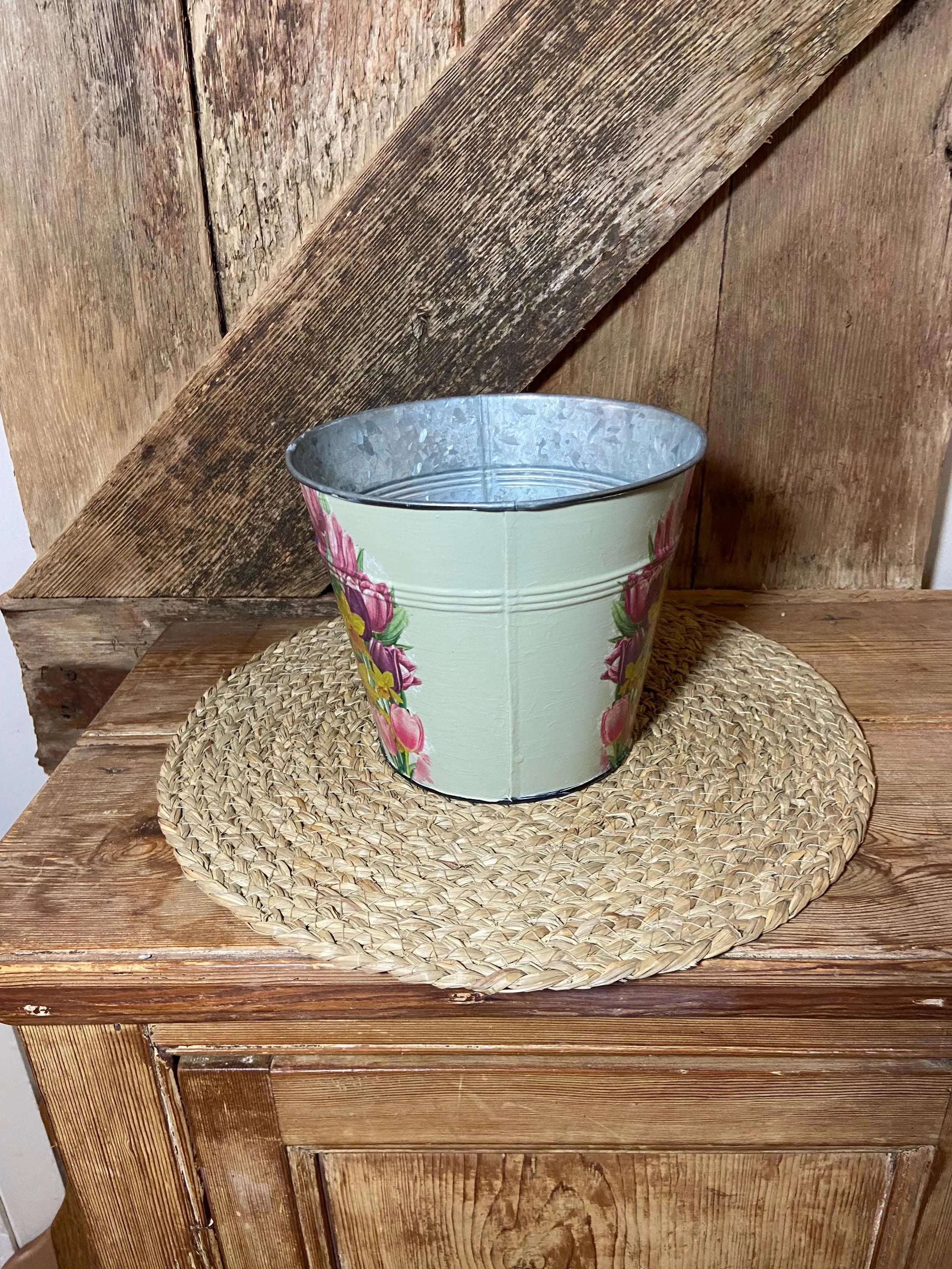 daffodil crocus tulip green metal pot side shot cottage core home decor vintage floral mothers day birthday
