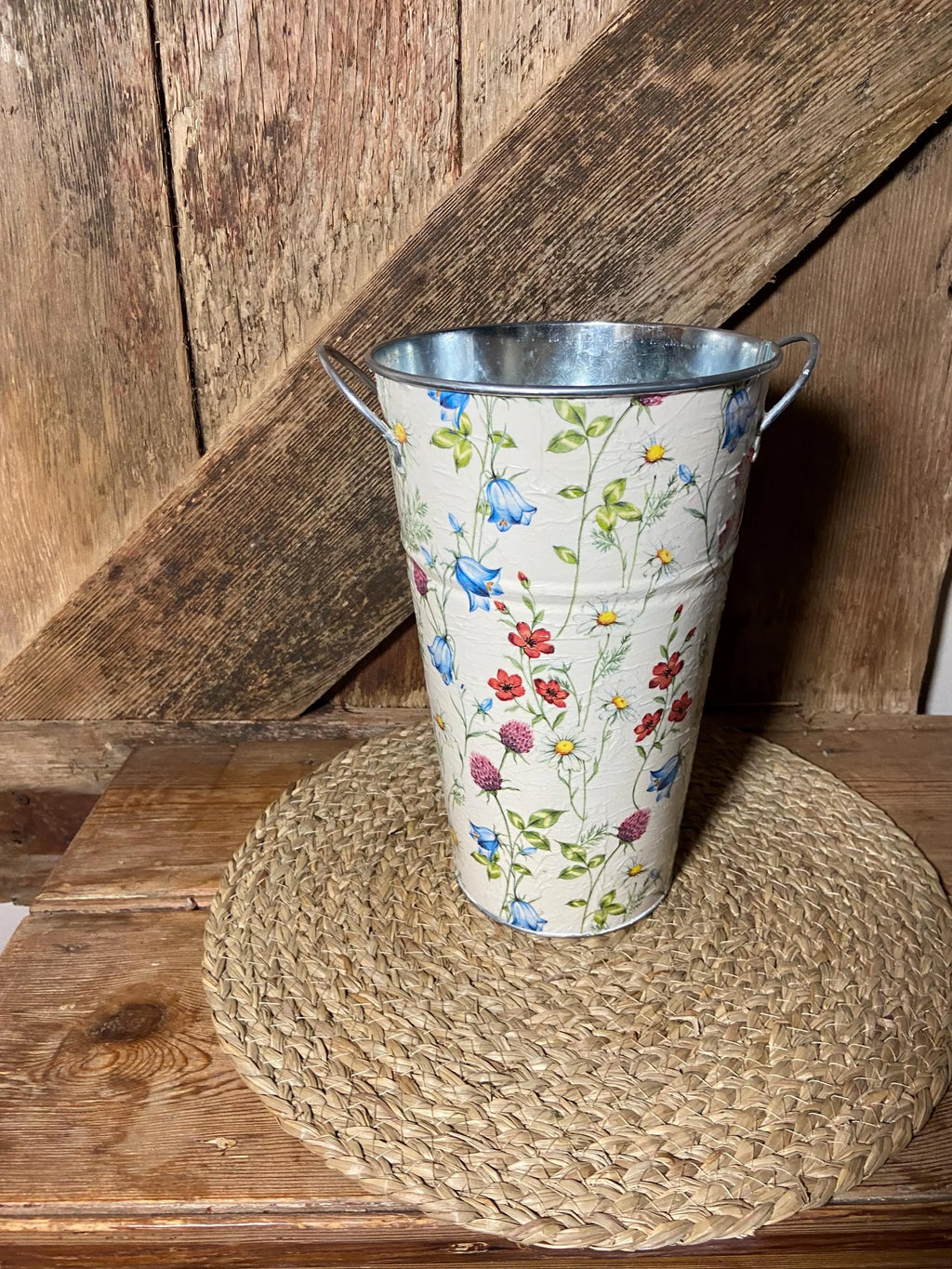 Spring flower tall metal planter clover poppy daisy cottage core home decor vintage floral mothers day birthday