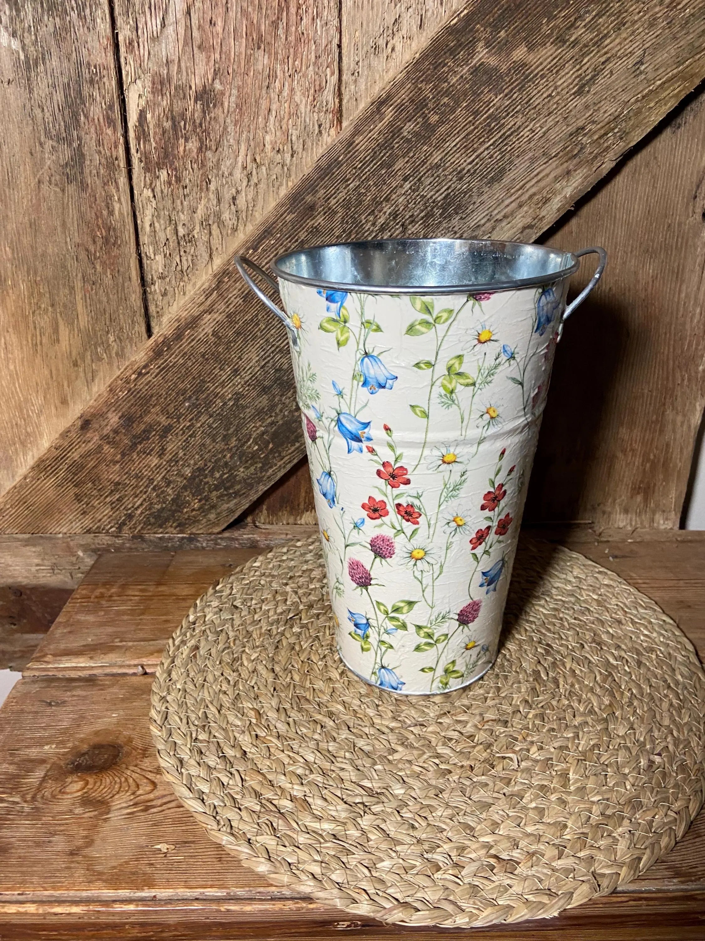Spring flower tall metal planter clover poppy daisy cottage core home decor vintage floral mothers day birthday