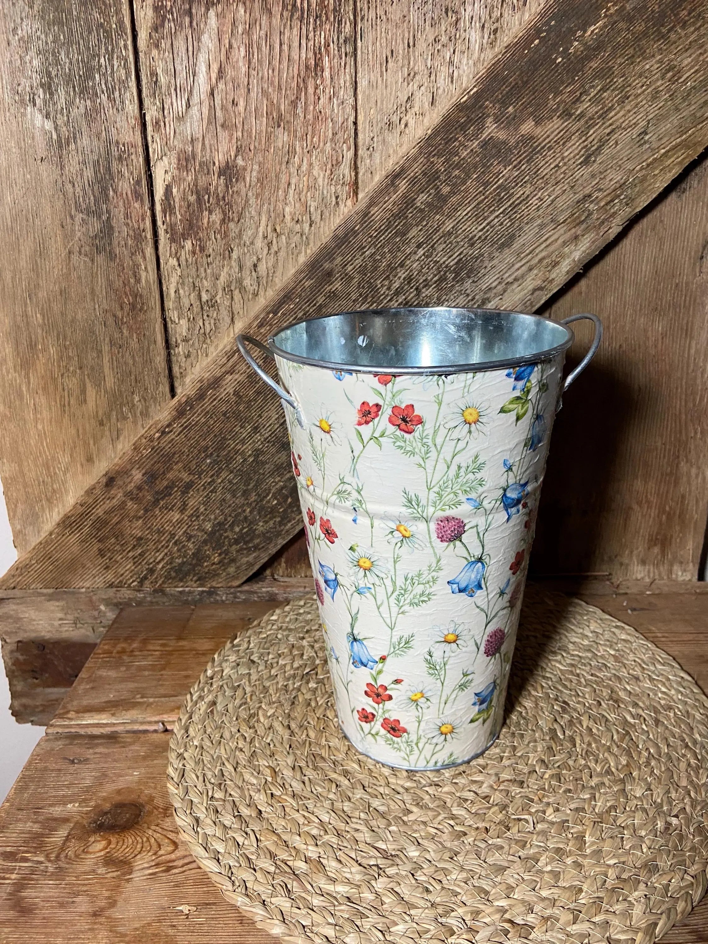 Back shot daisy clover poppy metal tall planter spring flower cottage core vintage floral home decor mothers day birthday