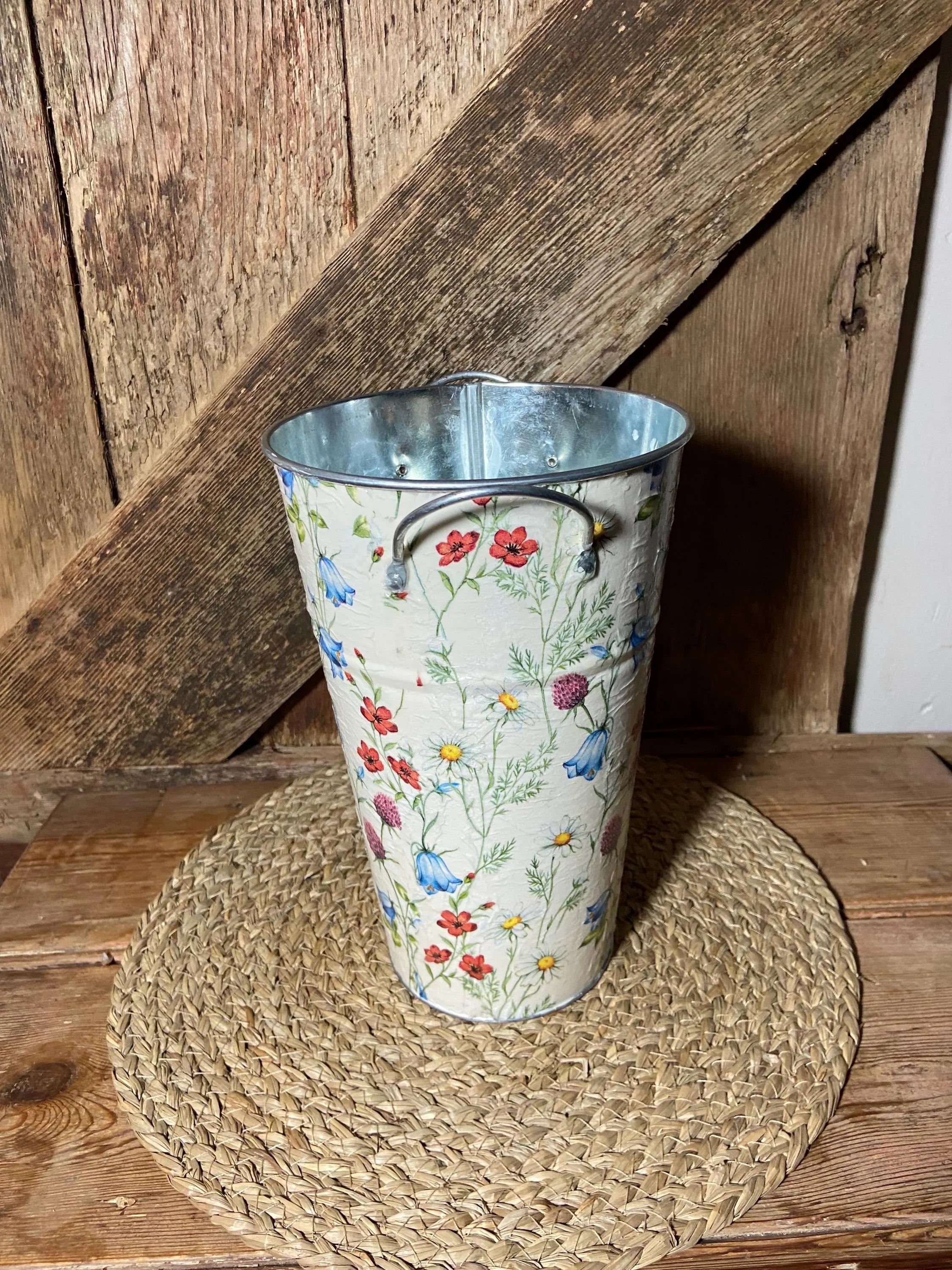 Side shot tall spring flower planter poppy daisy clover mothers day birthday cottage core home decor vintage floral