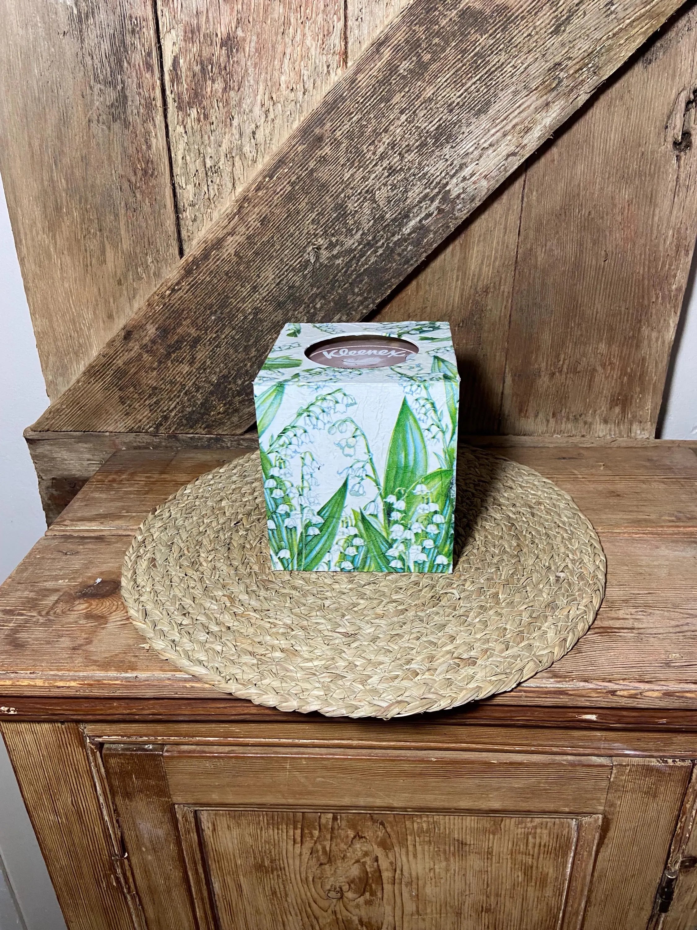 front shot lily of the valley green white tissue box cottage core home decor vintage floral birthday