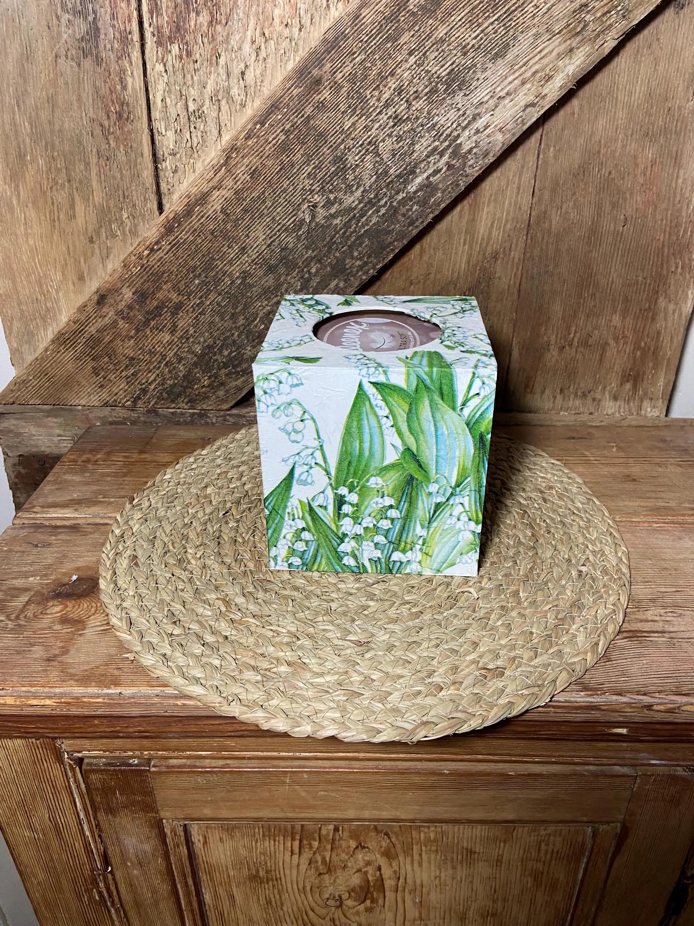 side shot lily of the valley white green tissue box cottage core home decor vintage floral birthday