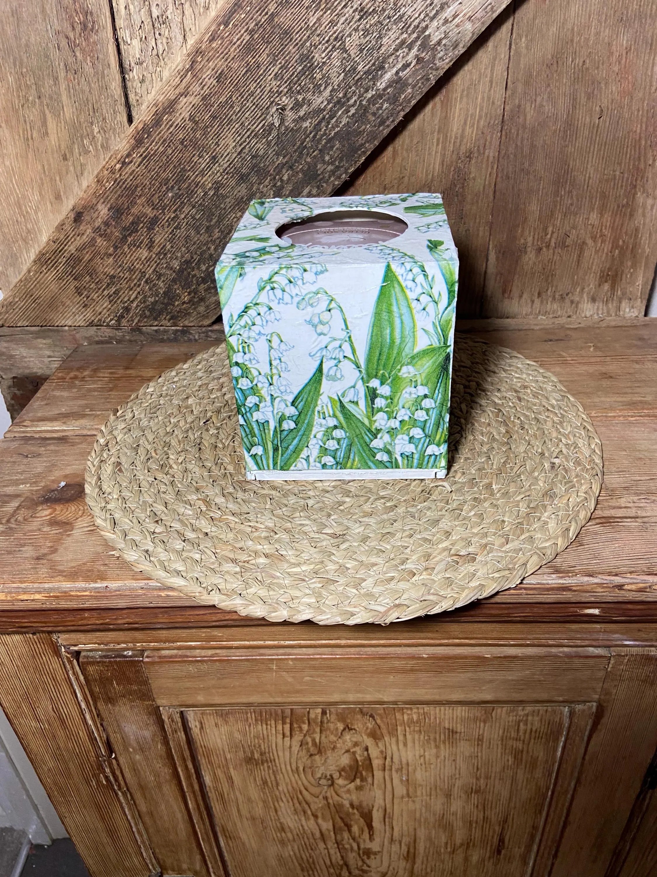 back shot tissue box green white cottage core home decor vintage floral lily of the valley birthday