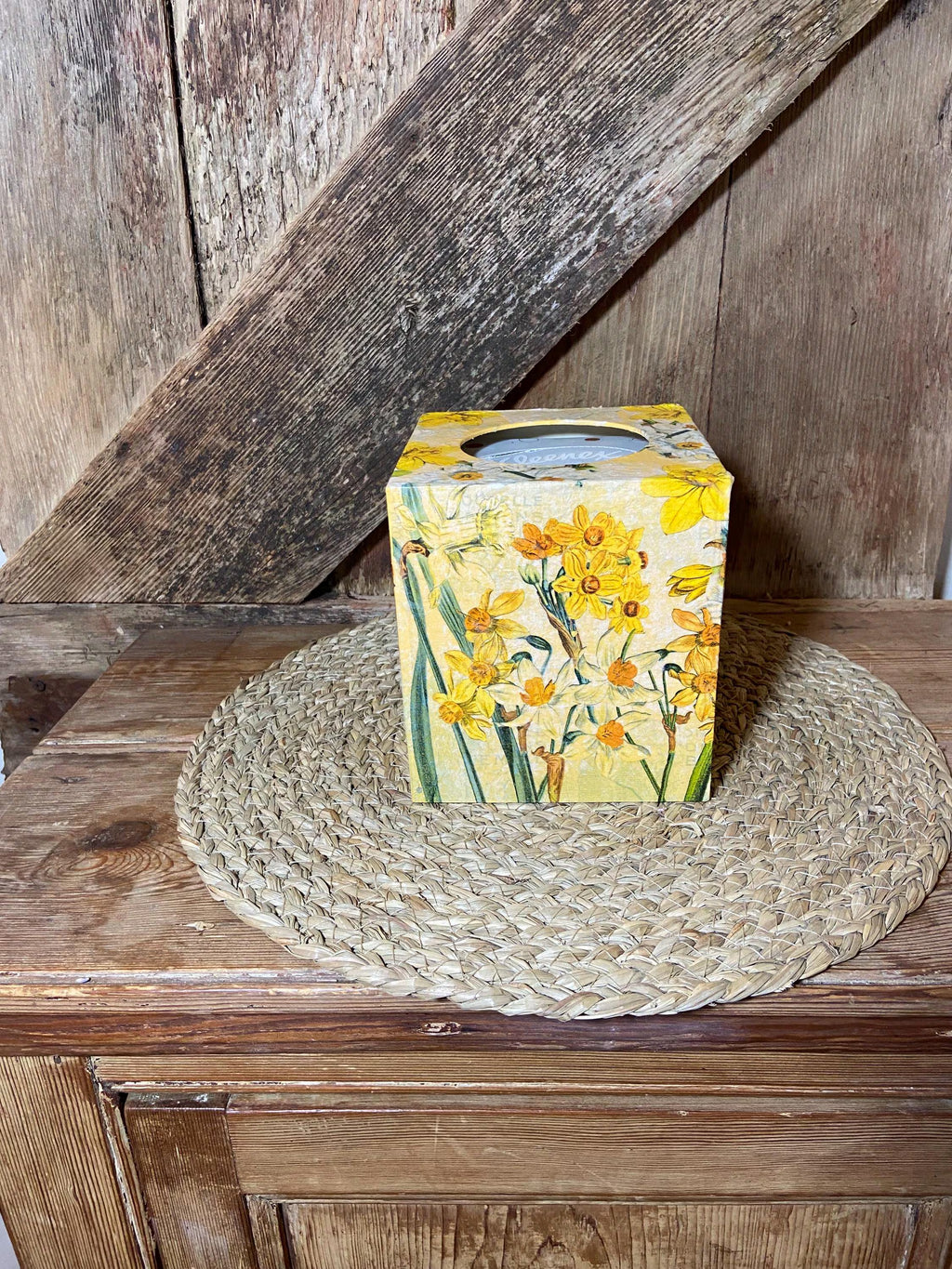 front shot daffodil tissue box yellow wooden cottage core home decor vintage floral mothers day birthday
